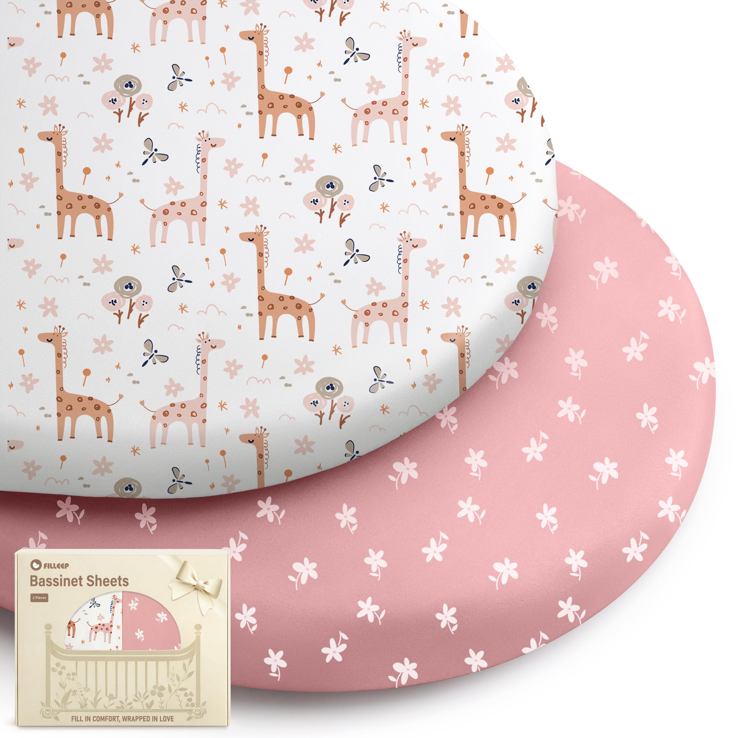 FILLEEP Bassinet Sheets for Baby Boys Girls, 2 Pack Fitted Bassinet Sheet Set, Soft Breathable Bassinet Cover Universal Fit for Oval Rectangle Round Hourglass Mattress, 31x17
