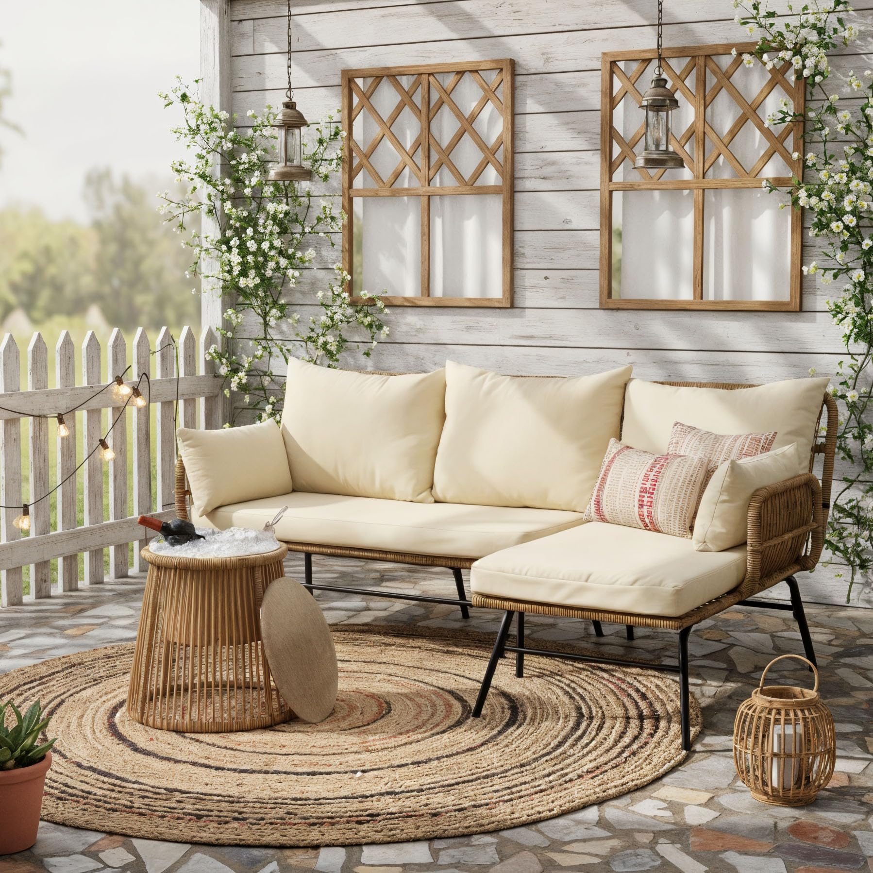 BULEXYARD 3 Pcs Boho Outdoor Patio Furniture Sets, L Shaped Natural Color Wicker Conversation Sectional Sofa w/Cozy Beige Cushion & Ice Bucket for Backyard, Porch, Deck, Garden, Balcony