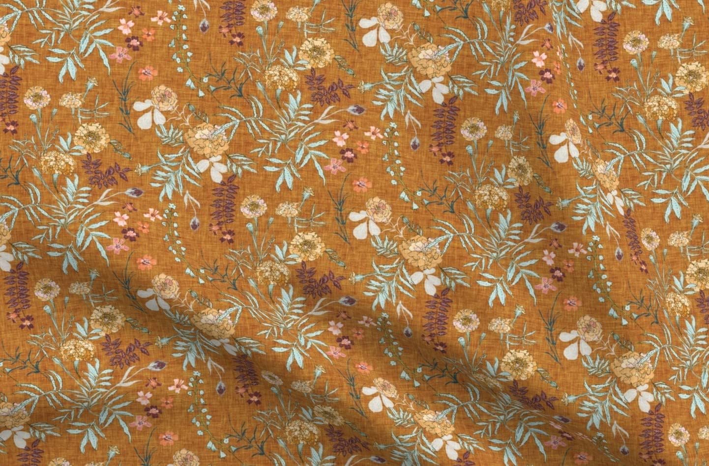 Spoonflower Fabric - Flower Yellow Gold Fall Autumn Floral Leaves Boho Mustard White Green Printed on Organic Cotton Sateen Fabric by The Yard - Sewing Quilting Apparel Home Decor