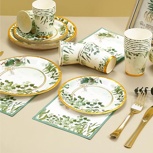 Miniatura 9 de Gudvilla Juego de 168 platos y servilletas para despedida de soltera, platos florales de papel para despedida de soltera para 24 invitados,