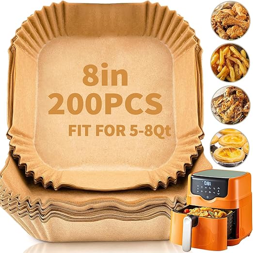 ReLuien 200pcs Air Fryer Liners Disposable, 8.7" Square Parchment Disposable Paper Liner for Air Fryer, Baking, Roasting and Microwave, Non-Stick liner Accessories