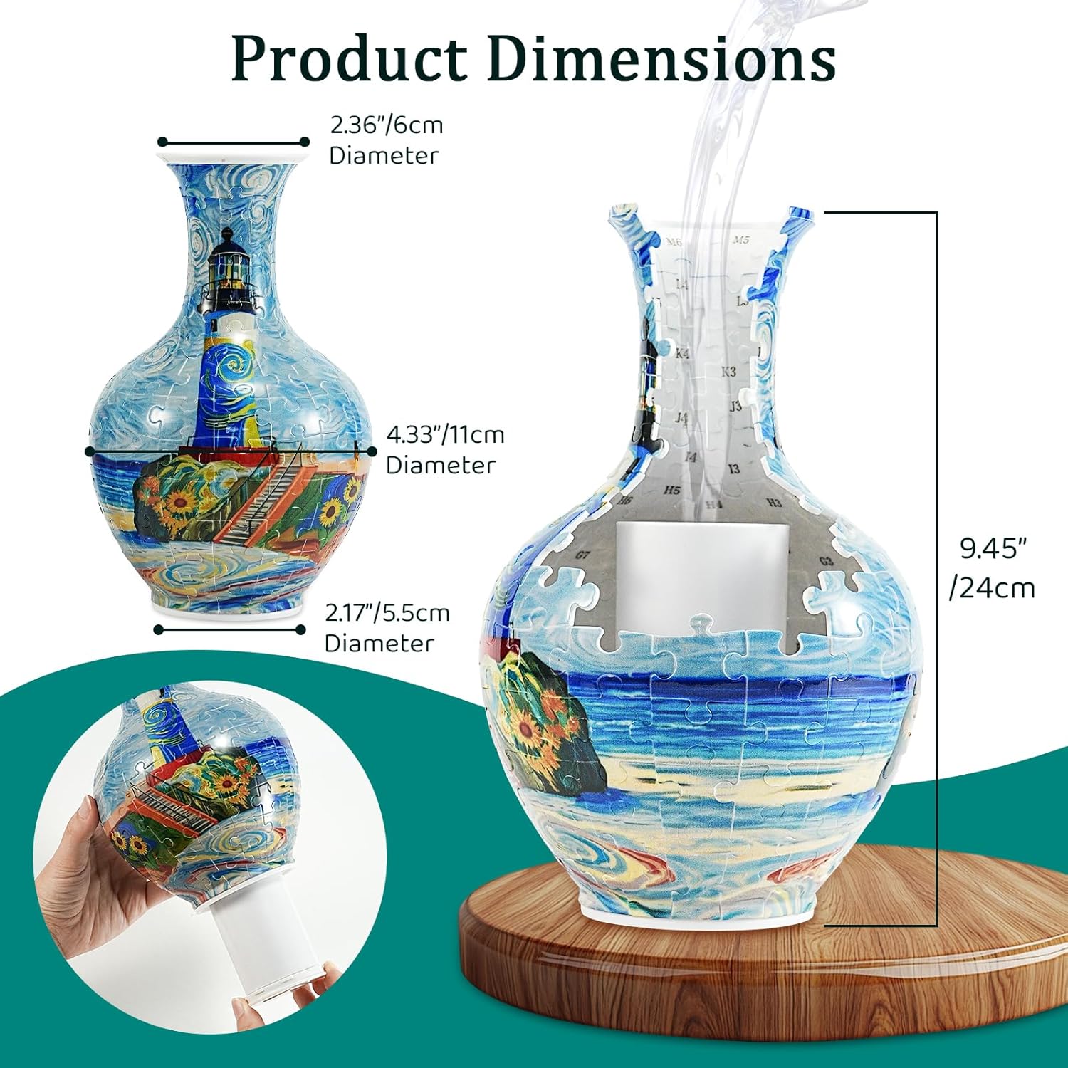 164 Pcs Vase Puzzle, Adult 3D Plastic Jigsaw Vase Puzzle, Gift for Adults, for Home Decoration and Flower Arrangement (Blue Lighthouse-1)