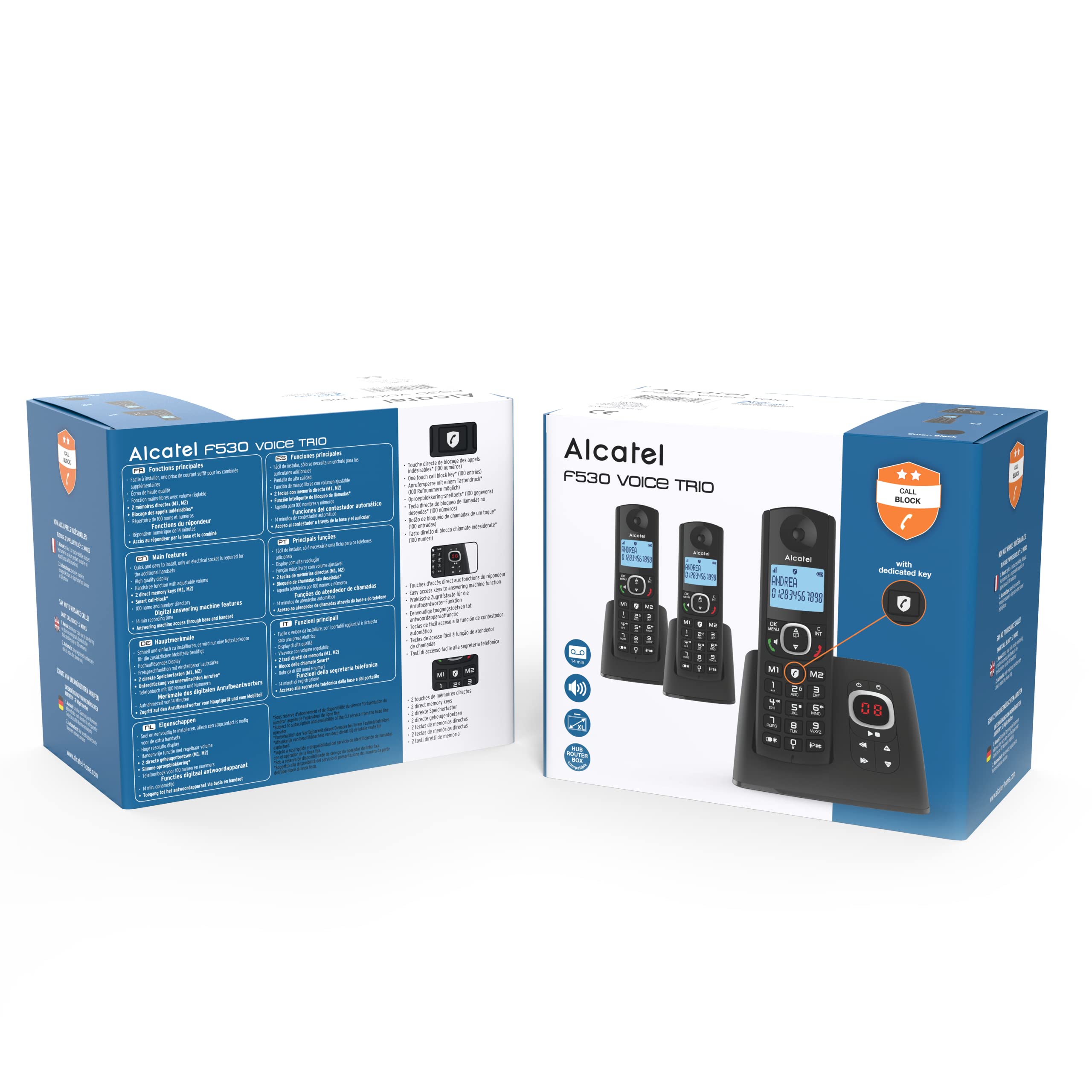 Alcatel F530 Voice Trio, telefon bezprzewodowy z automatyczną sekretarką i 3 słuchawkami, blokowanie połączeń i funkcją głośnomówiącą, czarny
