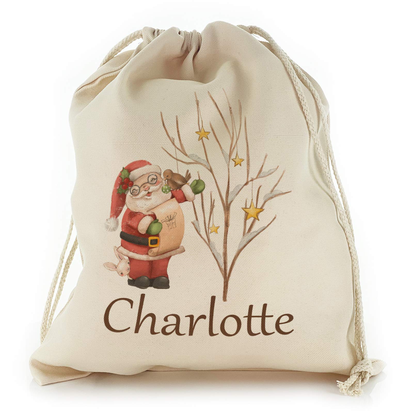 Personalised Gift Bag For Christmas, with Santa Star Tree Design Print, Reusable, Xmas Drawstring Sack Customised with With Name/Initials/Text, Sizes: XXS, XS, S, M, L, XL