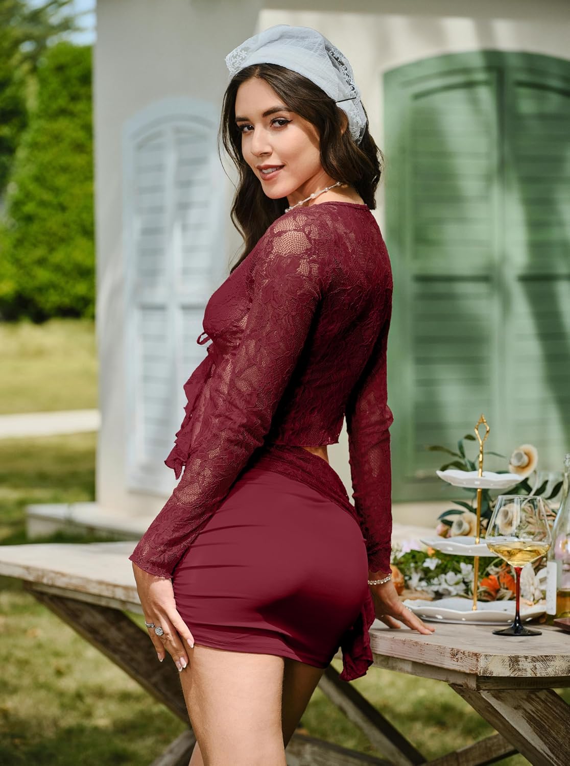 CSDAJIO 2 Piece Outfits for Women Floral Lace Open Front Tie Up Long Sleeve Crop Top Blouse Shirt and Mini Skirt Set - Image 2