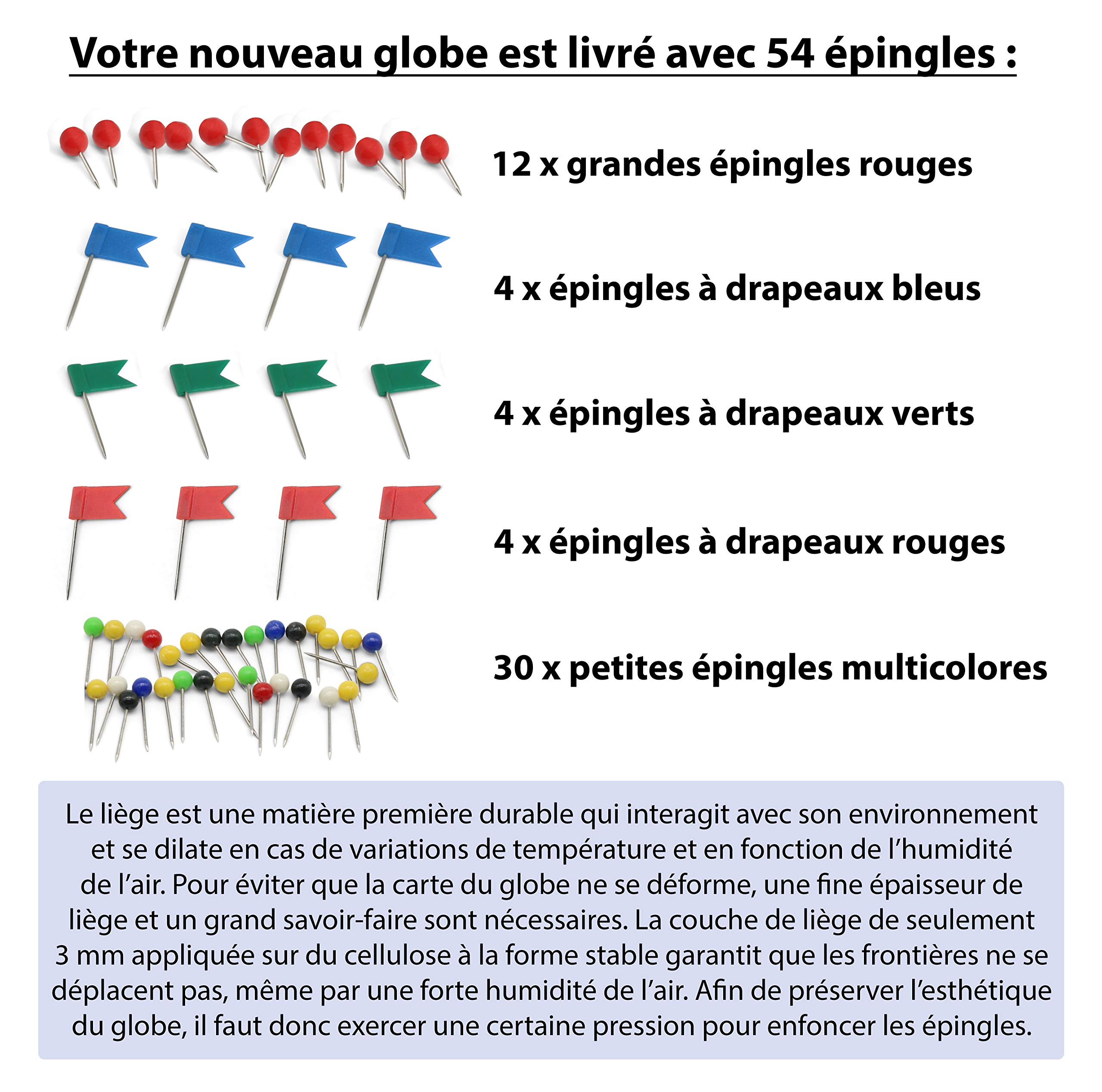FeinKnick Grand Globe en liège, 33 cm, 54 épingles - Globe Rotatif