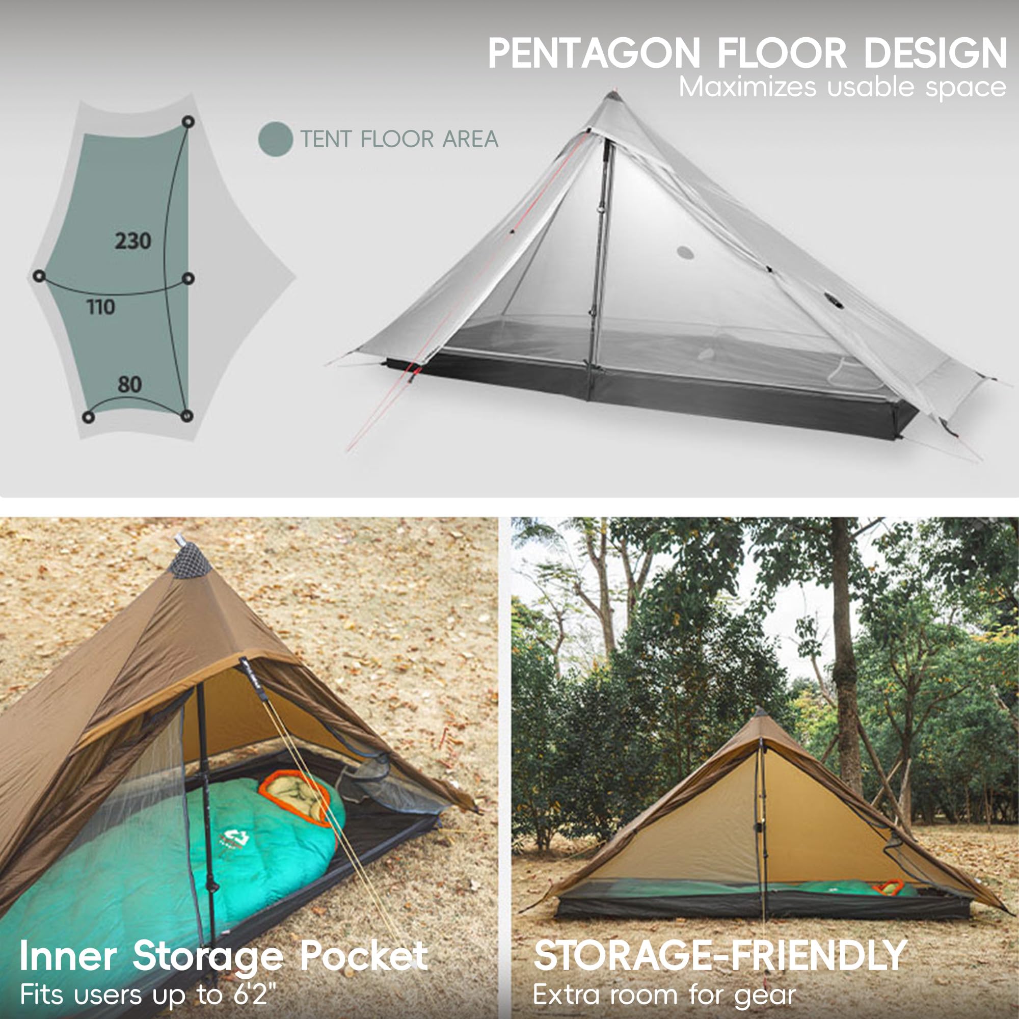 3FULGEAR Lanshan 1 Pro Tent, 1 Person Ultralight Rodless Camping Tent, 3 Season Waterproof 20D Silnylon Backpacking Tent for Outdoor Hiking Trekking (1Pro-3S-Khaki-PES) : Sports & Outdoors