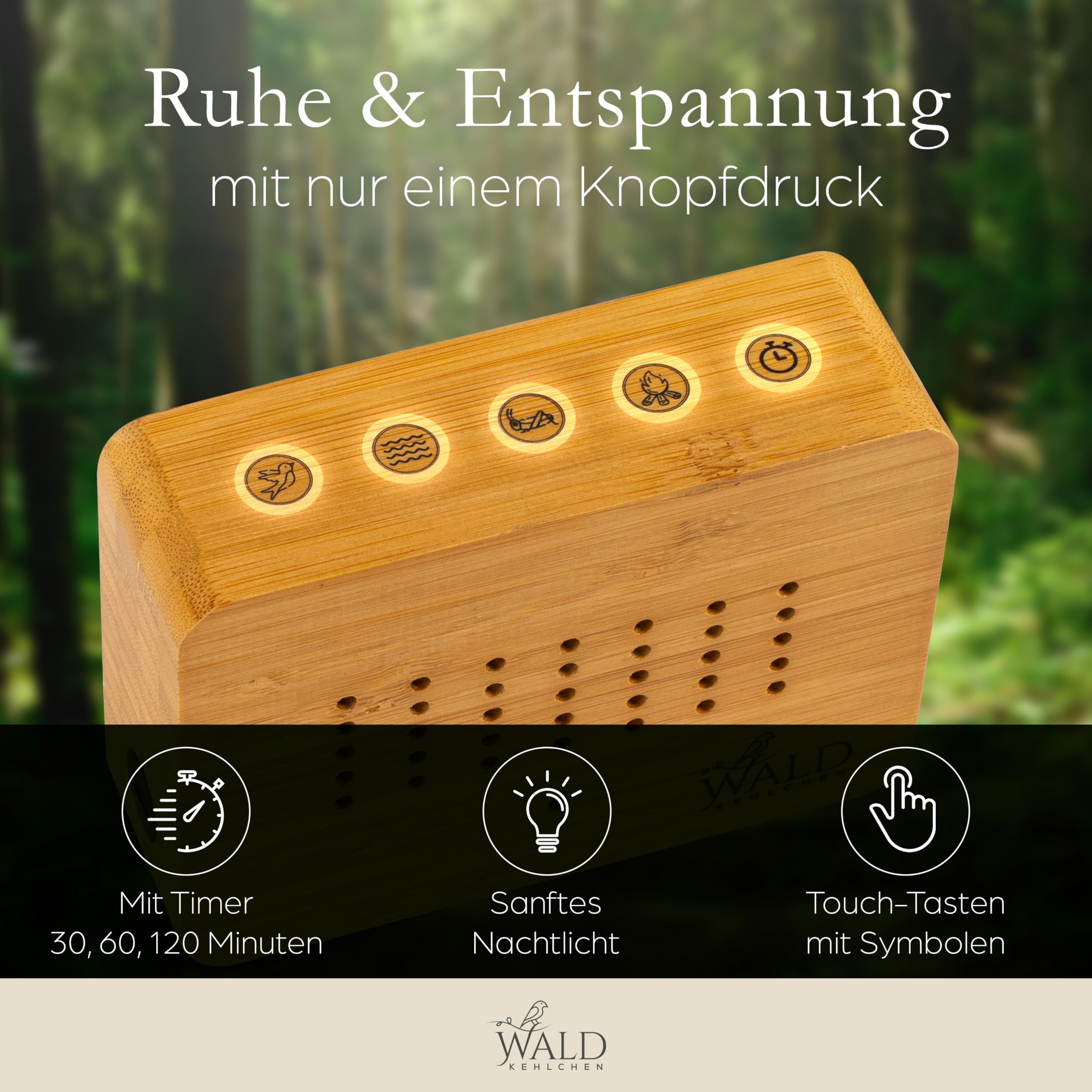 Premium Vogelgezwitscher Box aus echtem Voll-Bambus Vollholz – Hochwertige Soundbox mit Naturgeräuschen, Bewegungsmelder & Nachtlicht