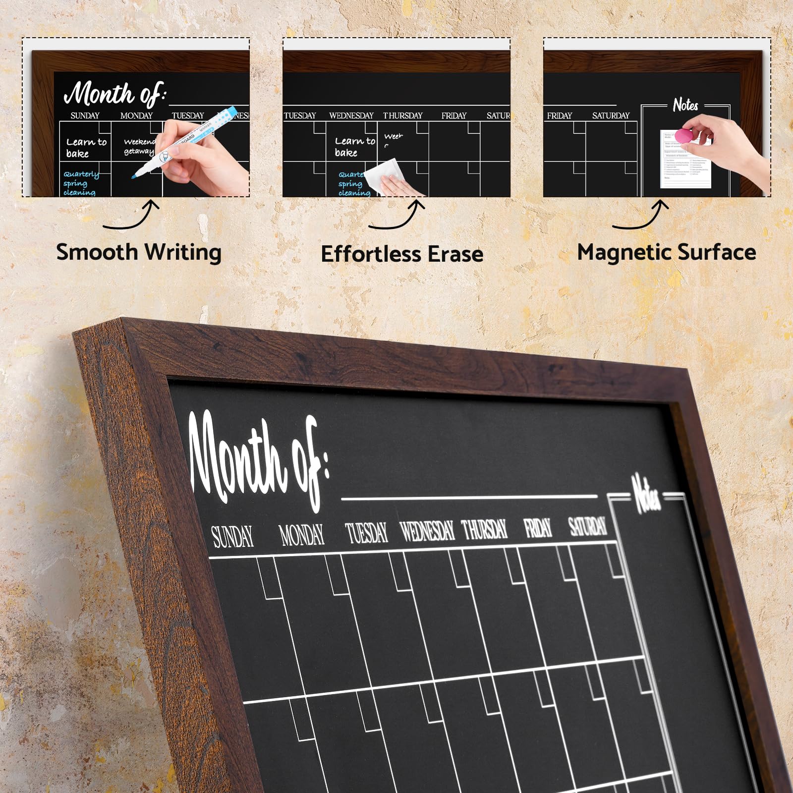 Dollar Boss Pizarra con calendario de corcho, pizarra magnética de 24 x 18 pulgadas para pared, marco de madera rústico, calendario mensual, planificación, menú, tablero, para oficina, hogar, escuela,
