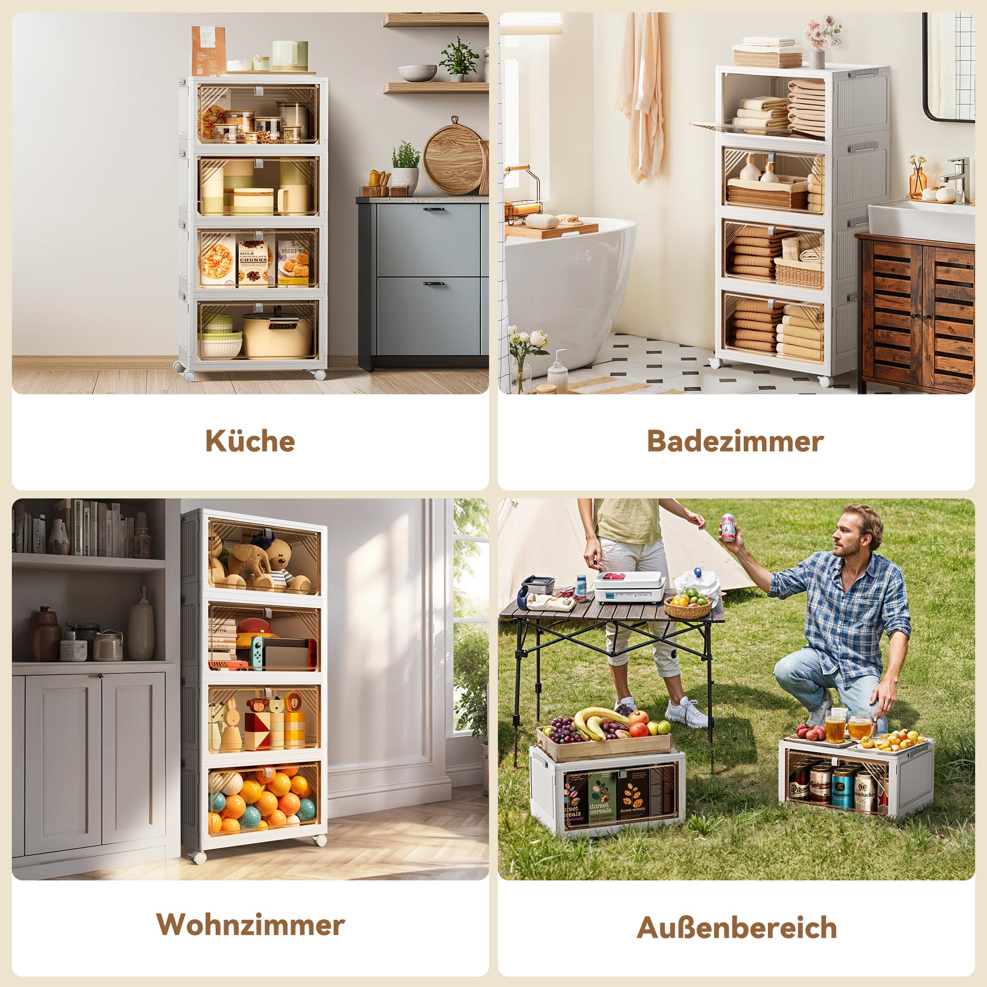 BTGGG 4 Tier Aufbewahrungsbox mit Deckel, 50L*4 Stapelboxen Kisten Aufbewahrung mit Deckel, Kunststoff-Aufbewahrungsbox Faltbare Aufbewahrungsbehälter mit Rollen und Türen, Storage Boxes Organizer
