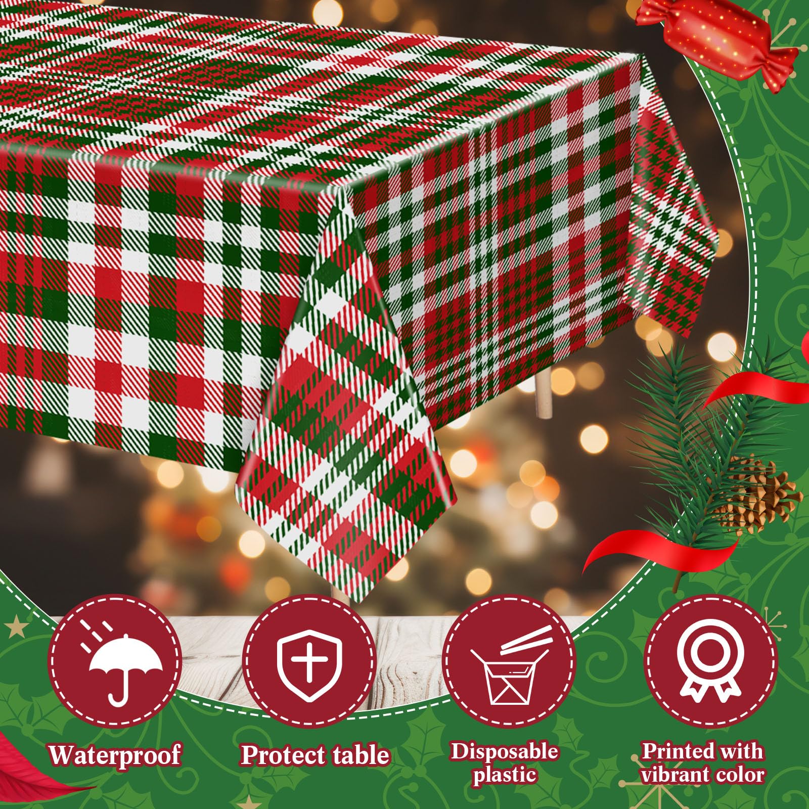 Panelee Mantel de plástico a cuadros de búfalo de Navidad de 54 x 108 pulgadas, decoración de mesa rectangular de Navidad, suministros de decoración de boda (fresco, 6 piezas)