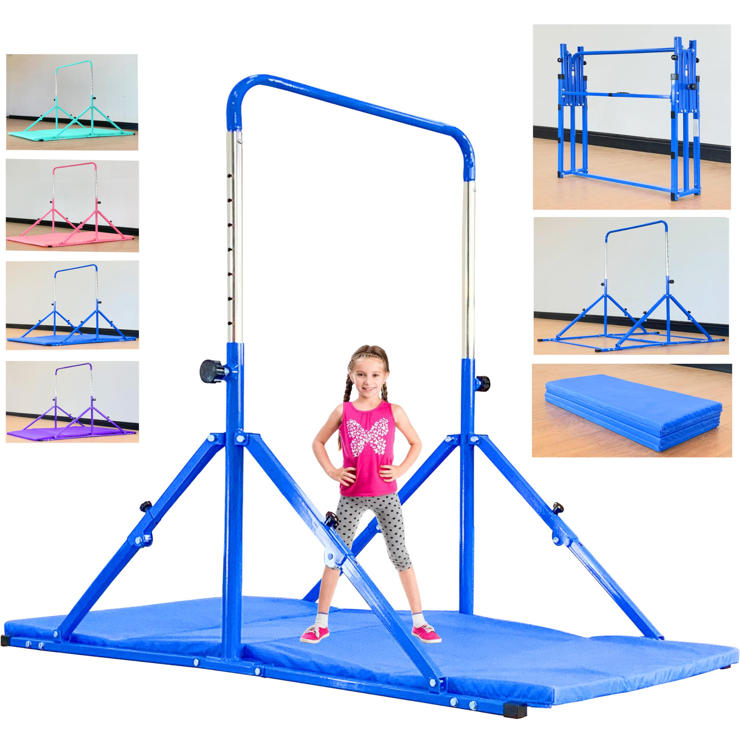 MARFULA Upgrade Foldable Gymnastic Bar with Mat for Kids Ages 3-12, 200 lbs Weight Capacity, Gymnastic Kip Bar Horizontal Bar for Kids, Gymnastic Training Equipment for Home and Gym Center Use