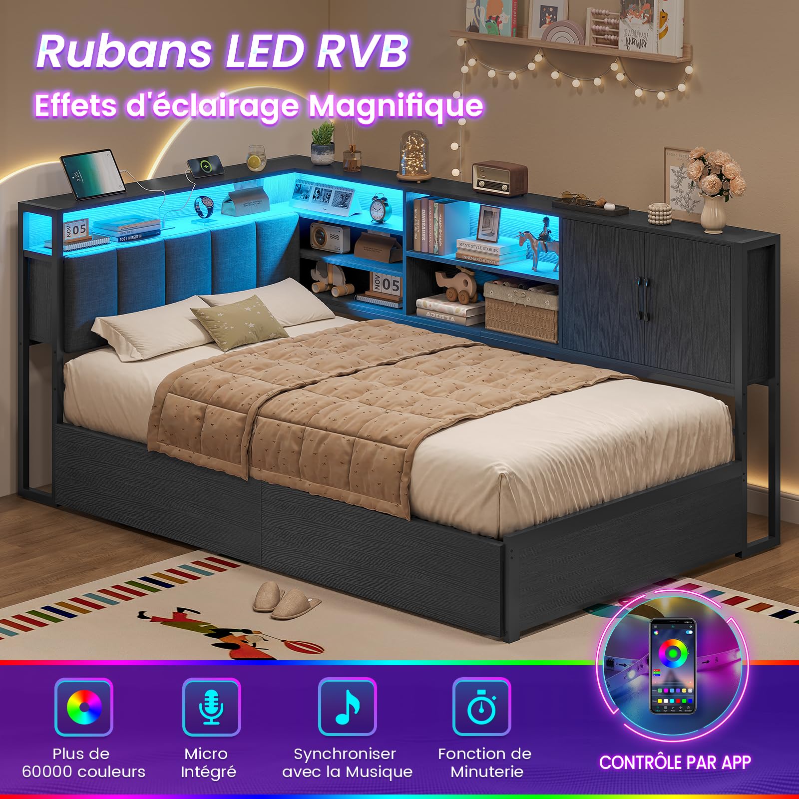 KIMENICH Canapé lit 90 x 190 avec 2 Tiroirs, Lit 90x190 avec Éclairage LED Réglable, Multiprise, 5 Niches Ouvertes, Compartiment Caché, Armoire avec Porte, Tête de Lit Capitonnée en Lin Gris, Noir
