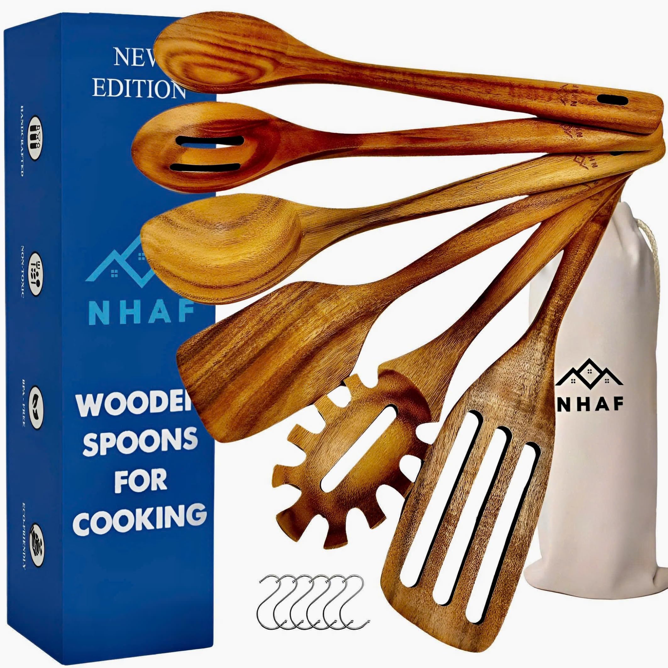 Premium-Teak-Löffel, Holzlöffel zum Kochen, langlebig, umweltfreundlich und sicher, Küchen-Kochlöffel, Kochgeschenke für Mutter, gesunde Kochutensilien (6er-Set) und Haken