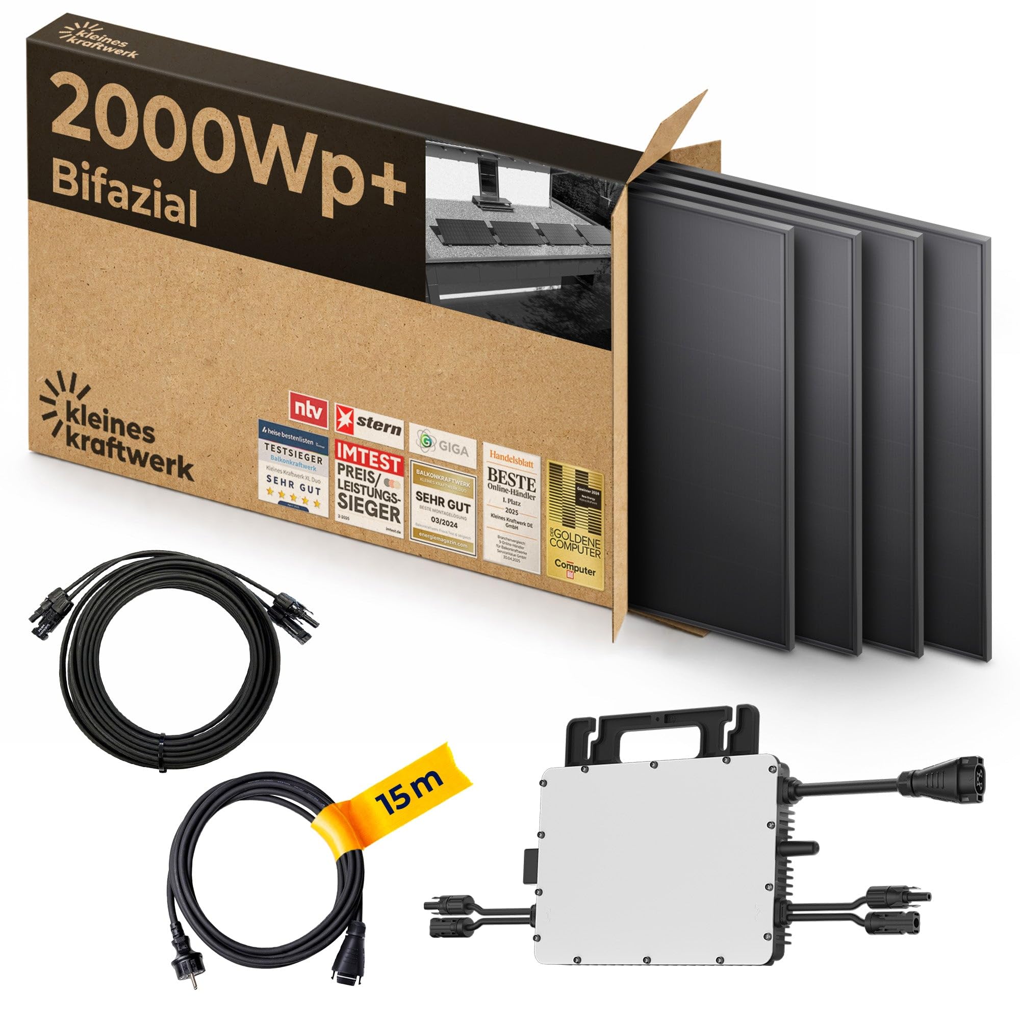 Kleines Kraftwerk 2000W Balkonkraftwerk XL Flachdach-Halterung – 800W Wechselrichter mit WiFi & Bluetooth, 4×500W bifaziale Solarmodule, 15 m Kabel – Solaranlage Komplettset Balkon