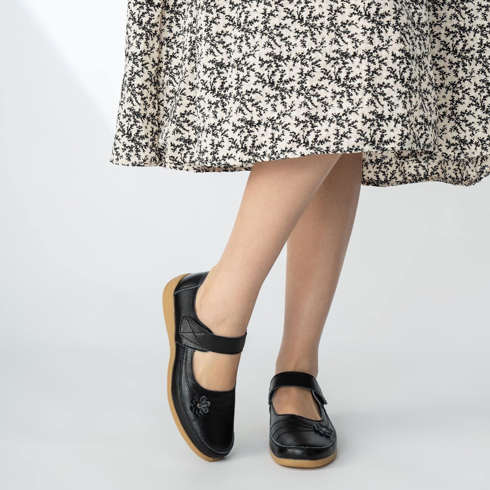 Chaussures Mary Jane en cuir pour femme - Noir - Coupe large - Chaussures plates - Style décontracté - Pour le travail, le bureau, les infirmières