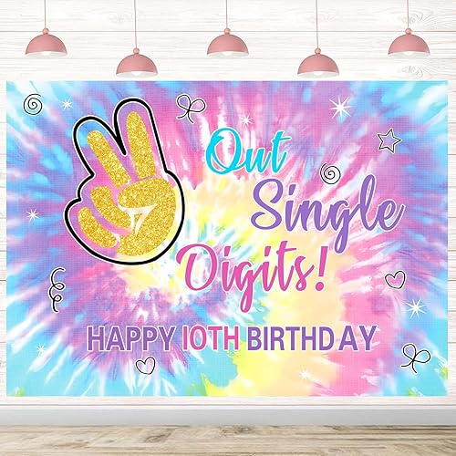 Miniatura 3 de Out - Telón de fondo de un solo dígito de feliz cumpleaños número 10, arco iris, teñido anudado, fondo de fotografía para niñas, decoración de