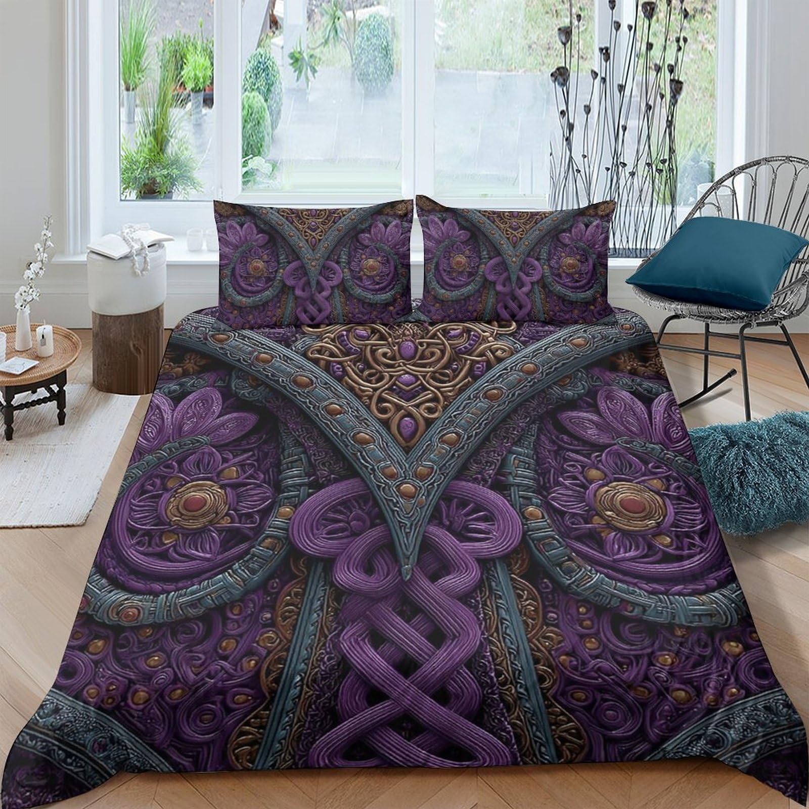Ctjqhvkz Style-10 3D Printed Viking Knot Fitted Sheet Microfiber Purple Celtic Owl Mattress Cover For Bedroom Guest Room Decor Single（135X200cm）