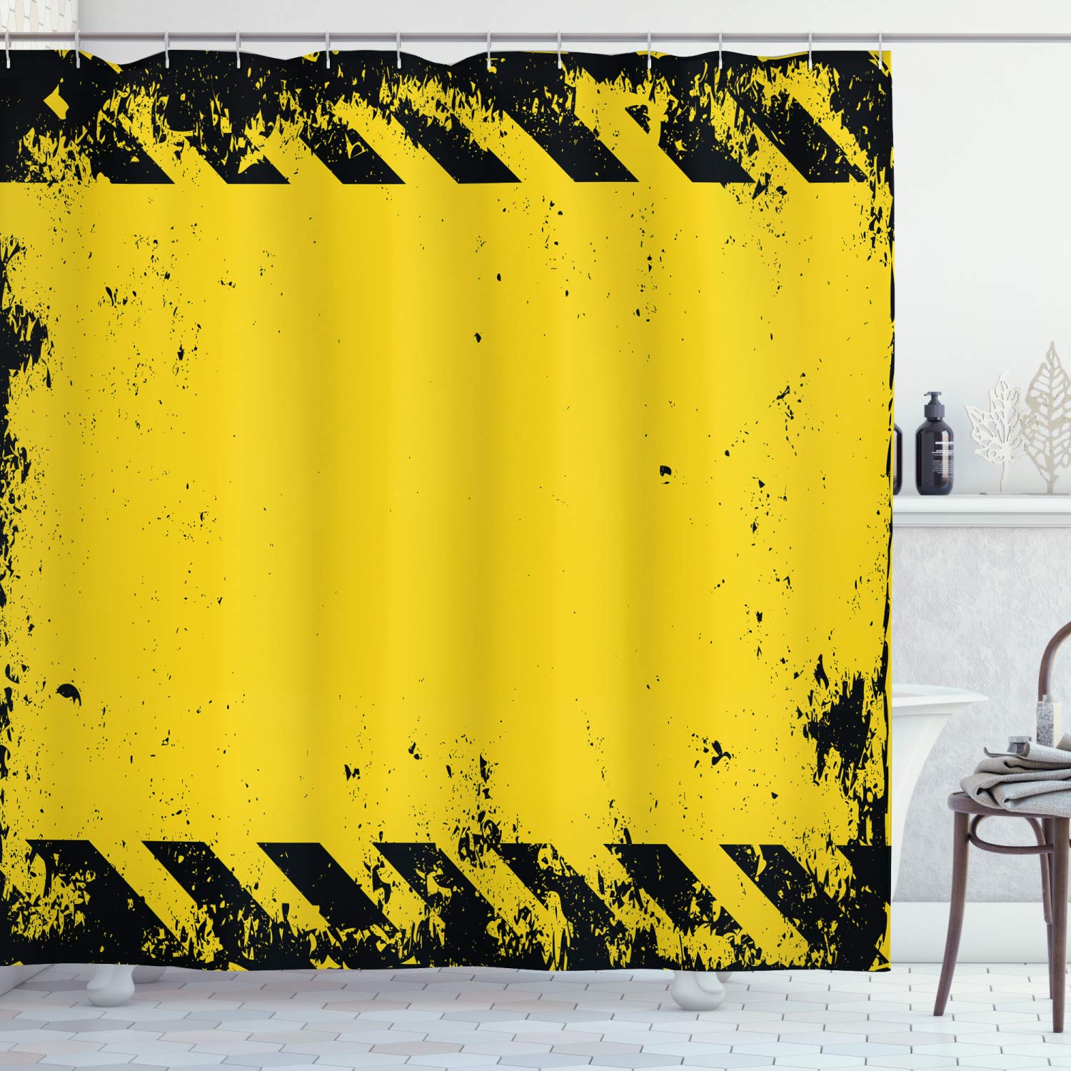 Ambesonne Vintage Yellow Shower Curtain, Hazard Theme Caution Construction Tape Illustration with Grunge Look, Cloth Fabric Bathroom Decor Set with Hooks 70" Long Multi sc_62546