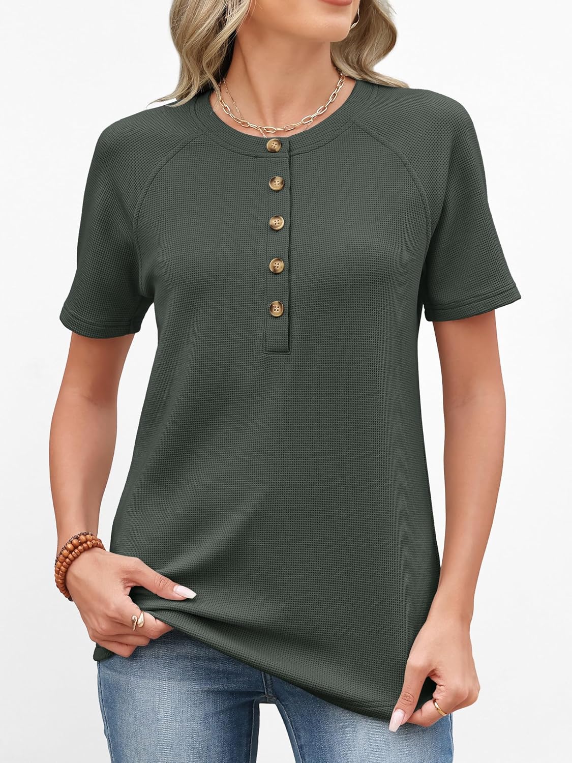 ANRABESS Women Waffle Knit Tops Short Sleeve Henley Shirts Dressy Casual Blouse 2026 Spring Fashion Outfits Trendy Clothes - Image 7