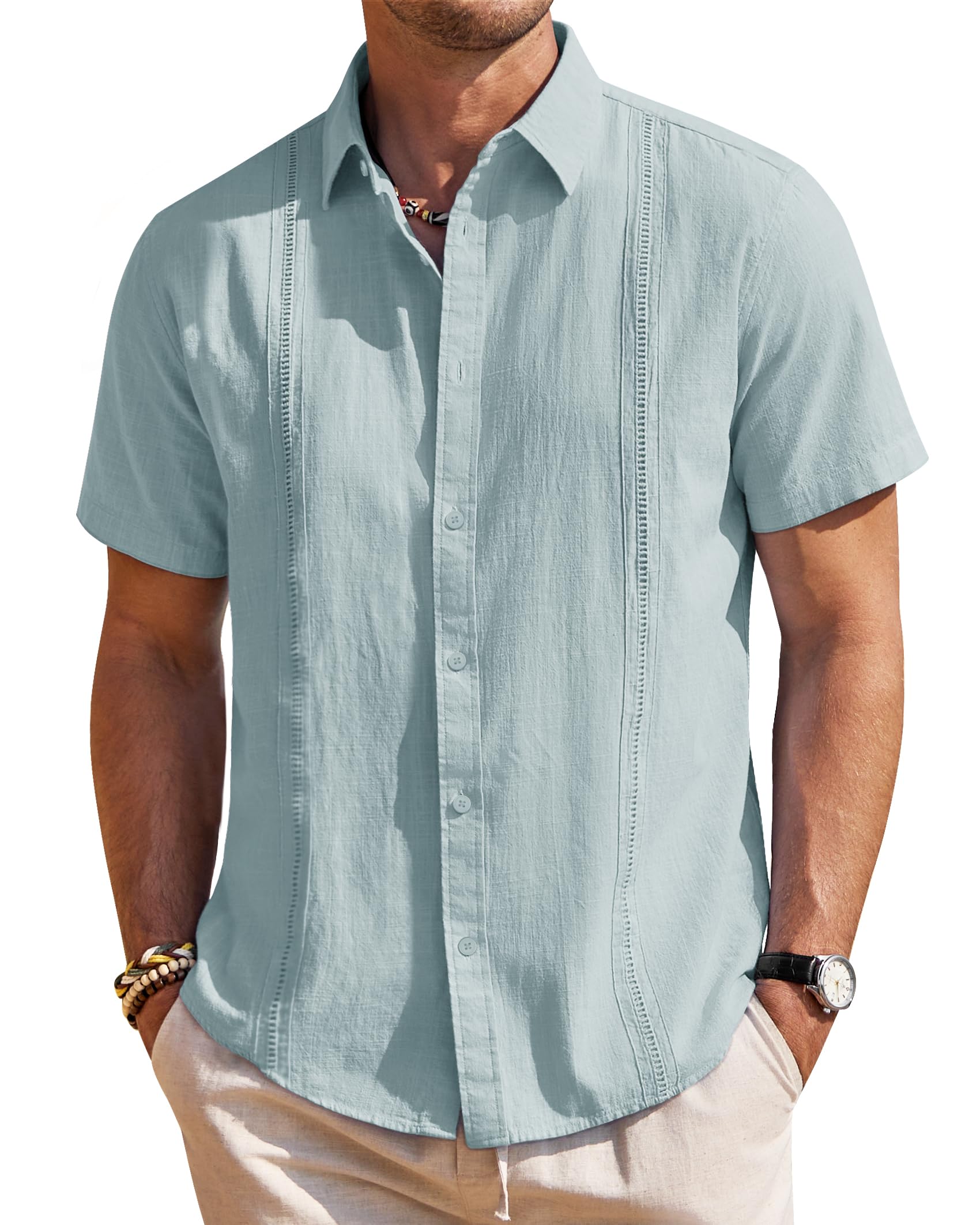 Mens Linen Shirts Short Sleeve Button Down Shirt Casual Cuban Guayabera Lightweight Summer Beach Solid Tops