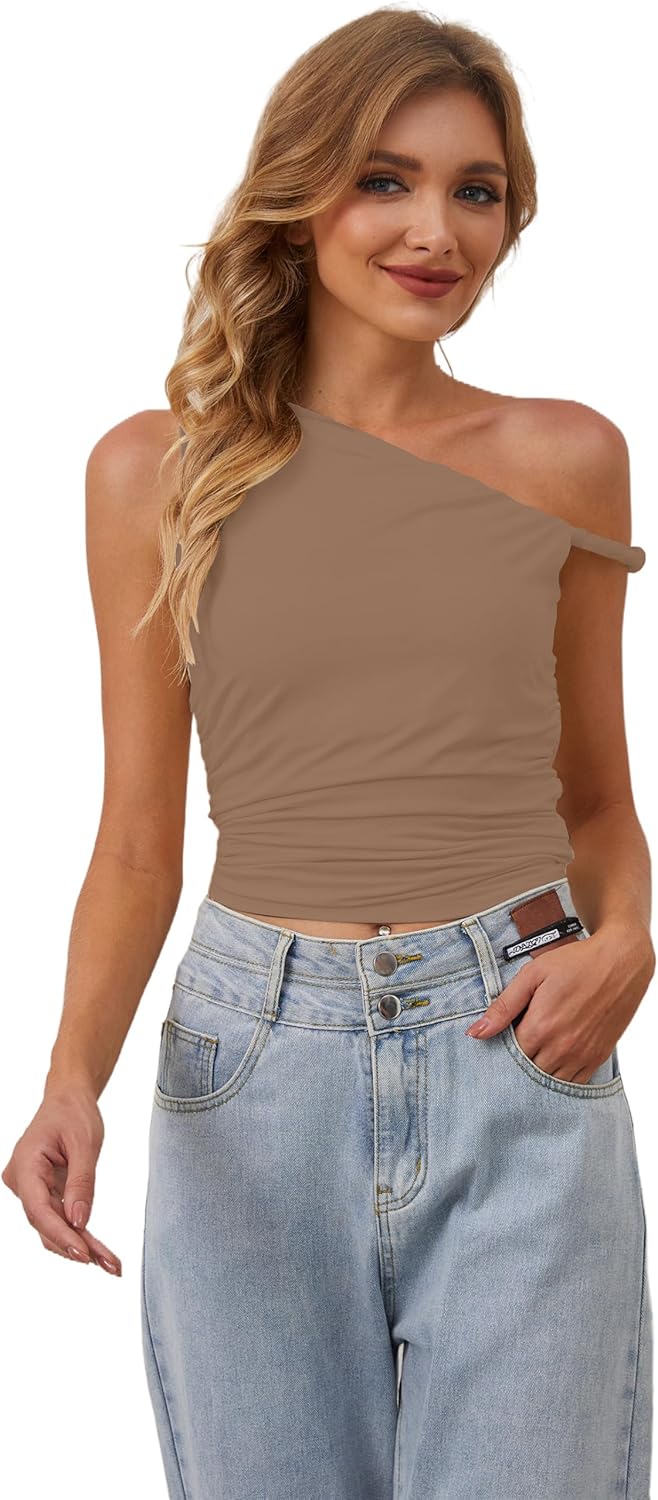 Ythomm Women One Shoulder Ruched Crop Tank Tops Casual Off The Shoulder Twist Strap Summer Tanks Tops Going Out Crop Shirts - Image 5