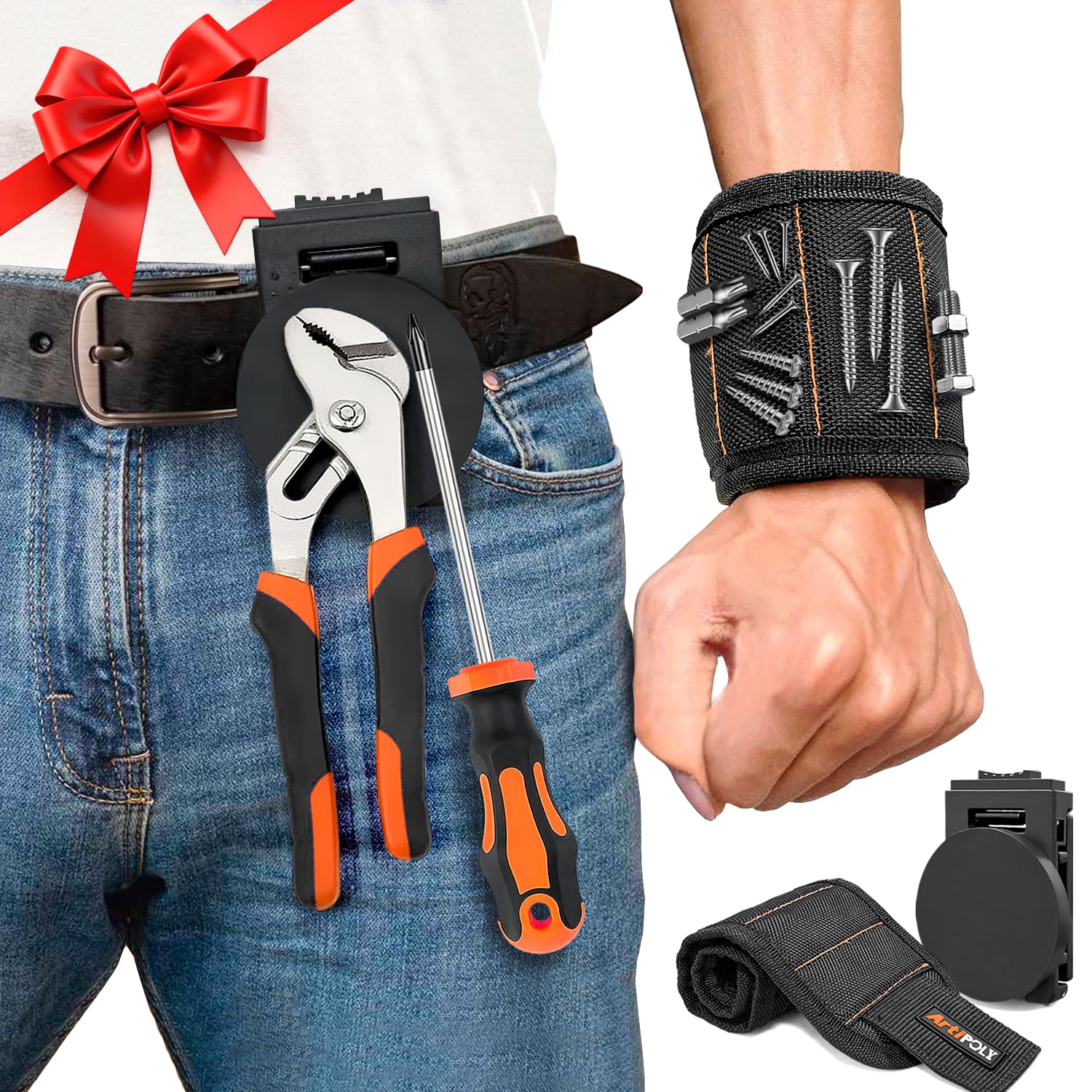 ARTIPOLY Magnetic Tool Holder Kit - Strong Clip-On Belt Magnet Holster & Magnetic Wristband for Screws, Nails, Hammer, Sockets, Pliers, Screw Driver,