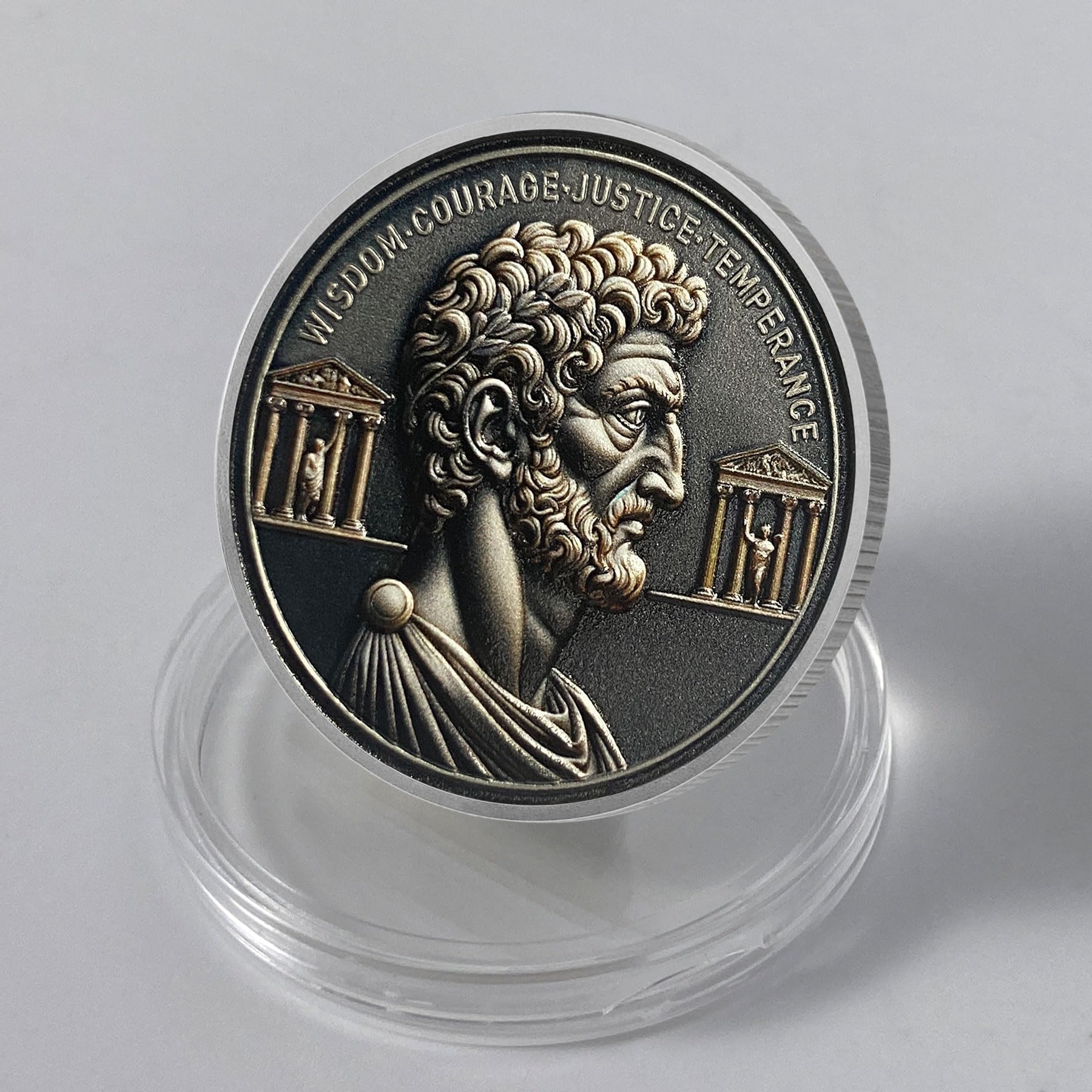 deDecoml Marcus Aurelius Stoic Philosophy Coin - Medallion with Wisdom, Courage, Justice, Temperance Inscription - Ideal Motivational Gifts for Men & Women - Ideal for Personal Growth and Inspiration