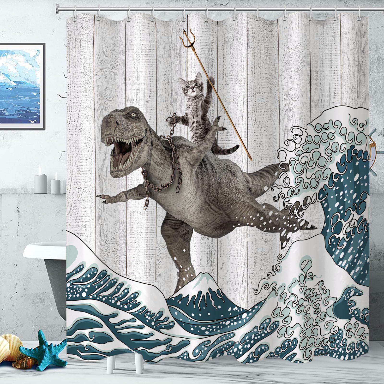 Lustiger Katze & Dinosaurier Duschvorhang – Wasserdicht, 183x213 Cm, Grau, Mit Haken
