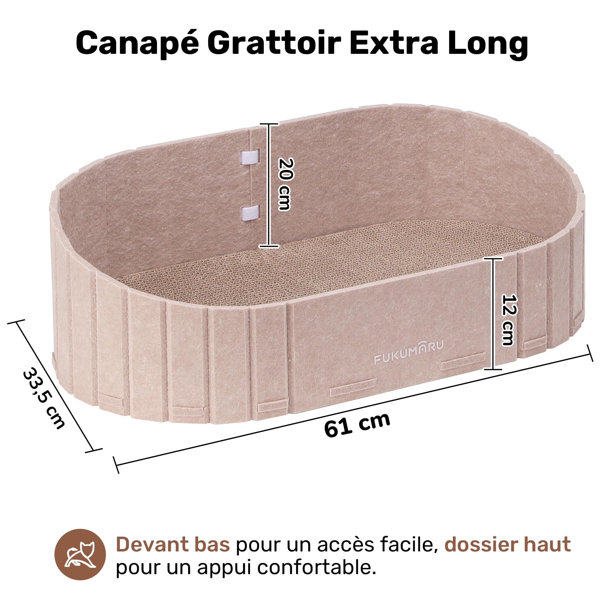 FUKUMARU Griffoir pour Chat, 61 cm de Long en Forme de Canapé, Grattoir Détachable Réversible, Pads de Griffoir Ronds Remplaçables, Lit d'Intérieur, Camel