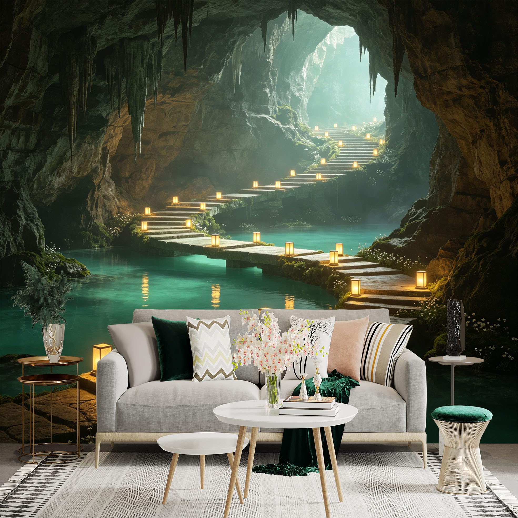 Custom Size Wall Sticker Mural， Mysterious Cave with Stone Pathway and Glowing Lanterns， Serene Underground Lake， for wall Decoration， peelandstick wall Decals.