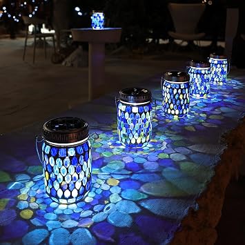 Cooo 6 Pack Mosaic Lanterns Outdoor Waterproof with 215% Larger Solar Panel, Never Rust Lids, True Capacity Battery- Solar Mason Mosaics Jar Lantern for Patio Garden Yard Balcony Hanging or Table