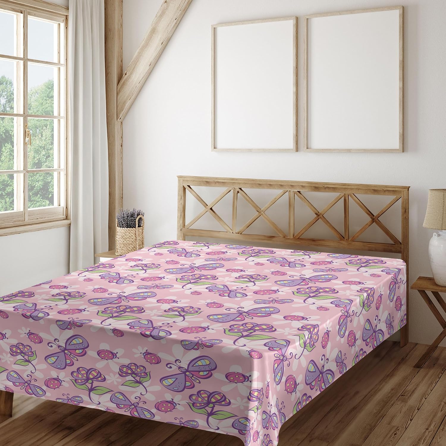 Ambesonne Floral Flat Sheet, Butterflies Flowers Cartoon Girls Playroom Theme, Soft Comfortable Top Sheet Decorative Bedding 1 Piece, Full Size, Pale Pink Lavender