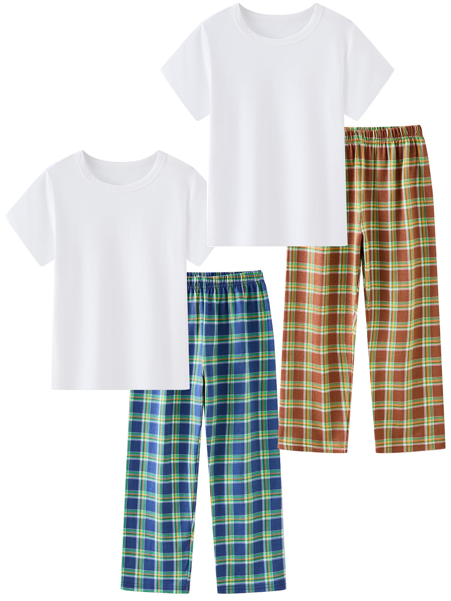 LOLPIP Jungen Pyjamas 4-teiliges Set Kinder Kleidung Stretch gerippte Baumwolle Nachtwäsche Weiß Top Karierte Hosen Nachtwäsche 3-11 Jahre
