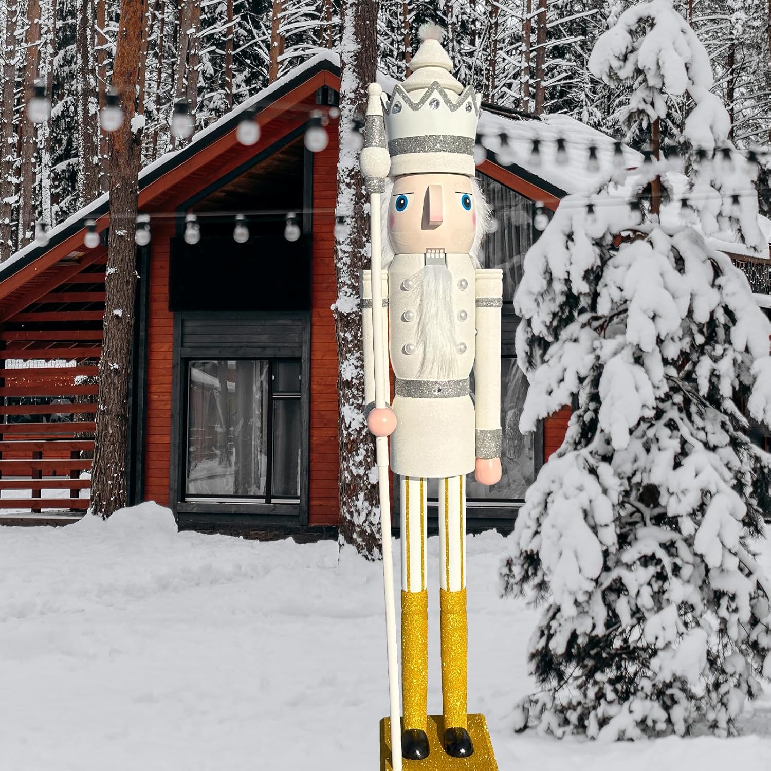 CDL 48" 4ft Tall Life-Size Large/Giant White Glitter Christmas Wooden Nutcracker King Ornament on Stand Holds Golden Scepter for Indoor Outdoor Xmas/Event/Ceremonies/Commercial Decoration K30