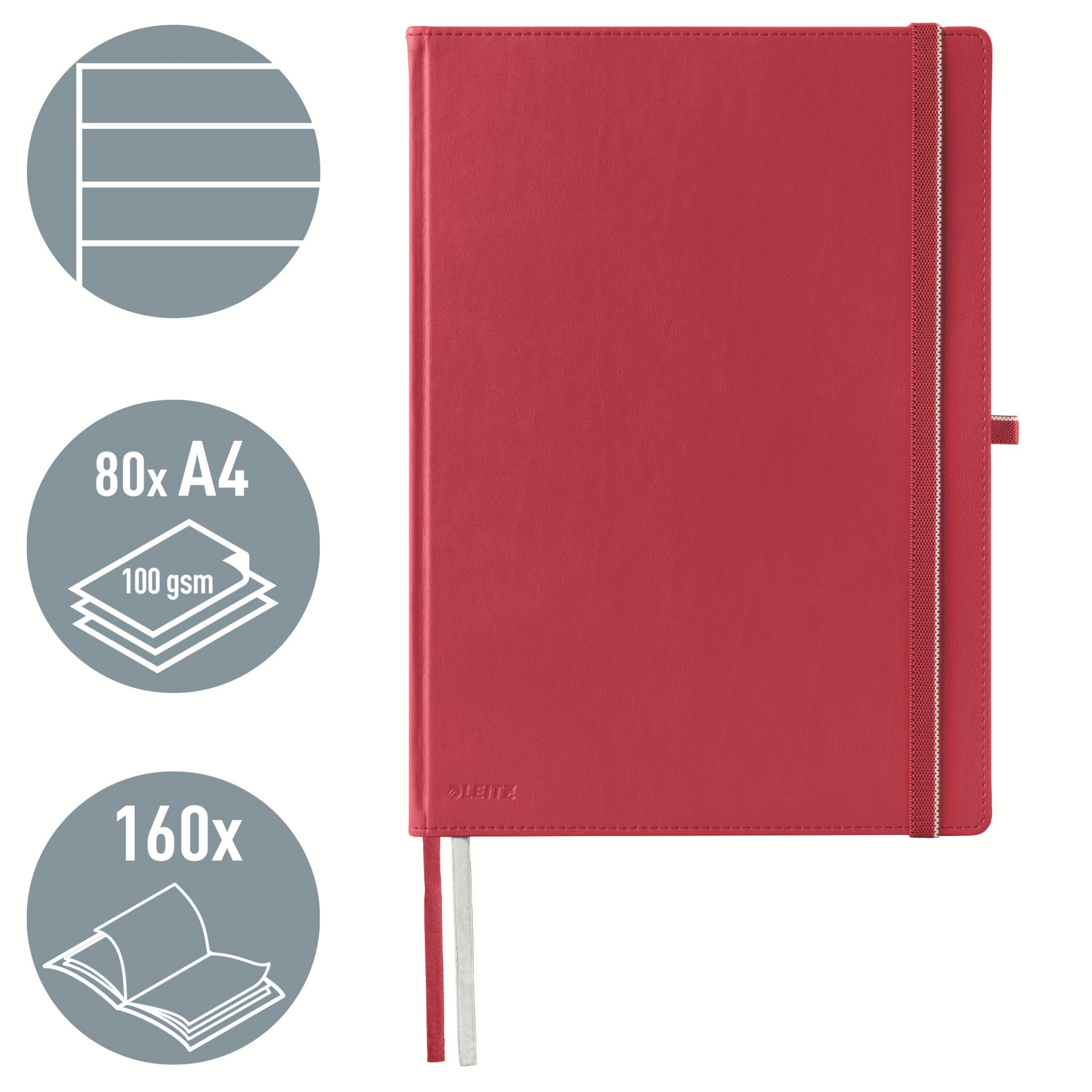 Leitz Complete Qualitäts-Notizbuch A4 liniert, 160 Seiten, 80 Blatt, Hardcover mit hochwertigem Einband, 100 g/m² Papier FSC zertifiziert, Verschluss, Lesezeichen, Stiftschlaufe, Rot, 44720025