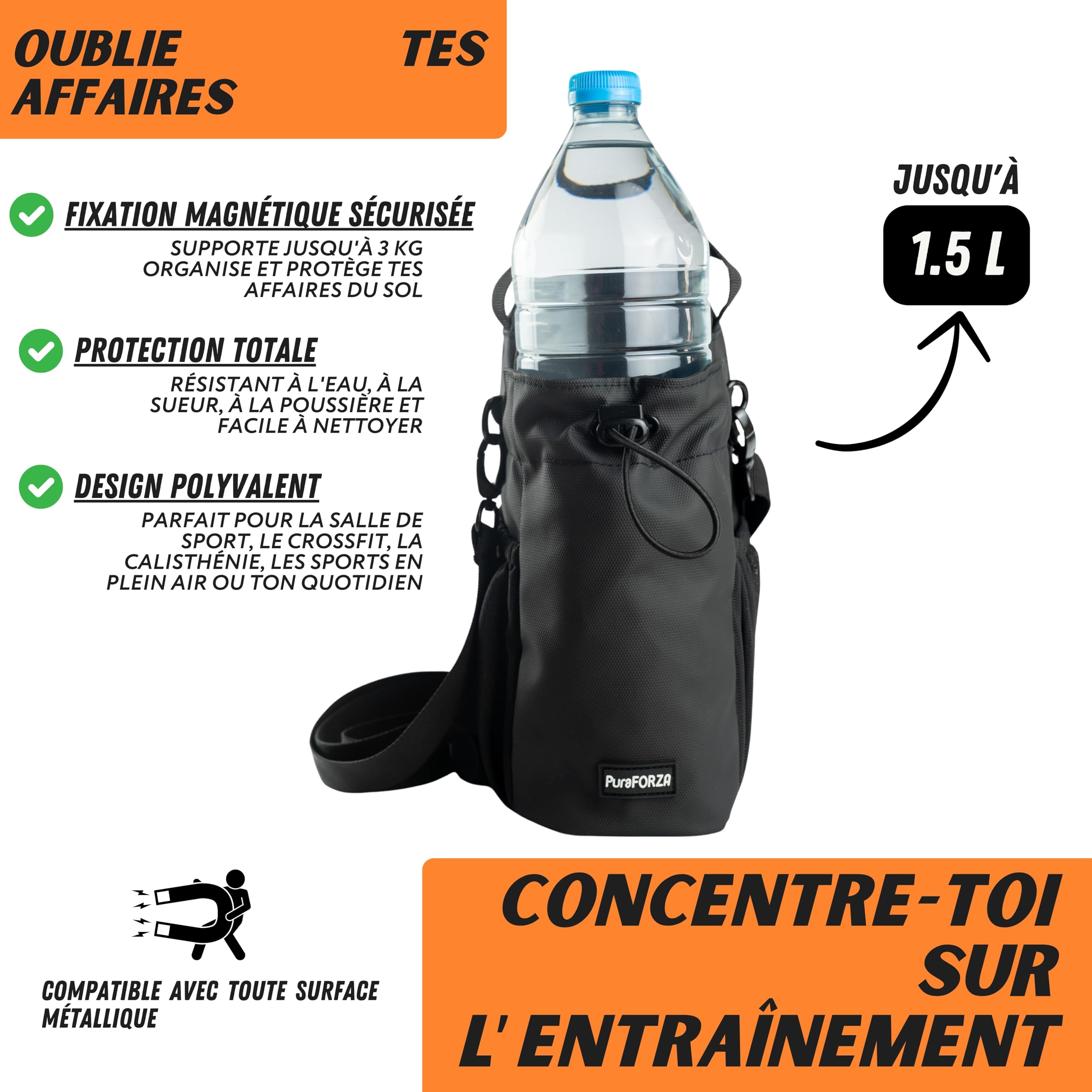 Sac Magnétique Sportif Compact et Léger, Imperméable avec Fixation à Aimant Néodyme, Idéal pour Salle de Sport, Crossfit, Calisthénie, Activités Extérieures, Compatible Bouteilles 1,5L