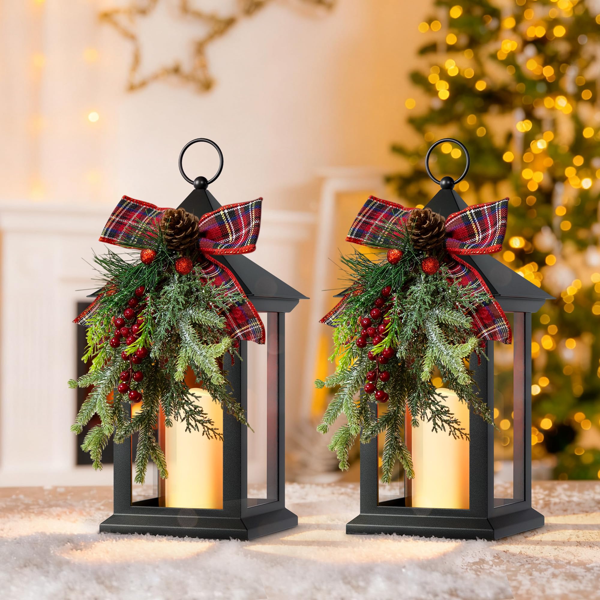 Christmas Decorative Lantern with LED Candle – Black Holiday Lantern with Pinecones, Red Bow – Battery Operated Christmas Table Centerpiece for Indoor/Outdoor Decor(2pack)