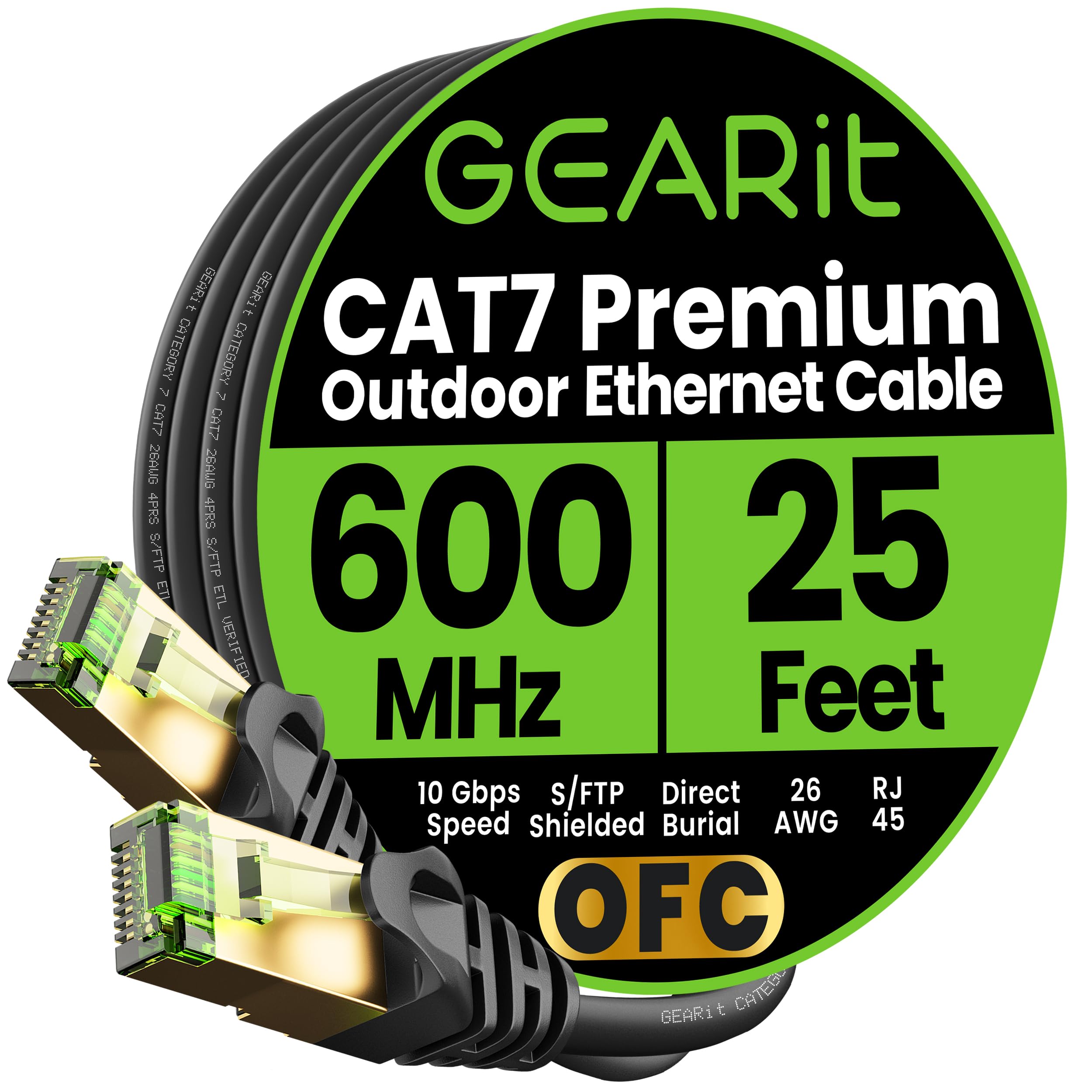 GEARit Cat7 Outdoor Ethernet Cable (25ft) SFTP Shielded Foil Twisted Pair, Pure Copper, LLDPE, Waterproof, Direct Burial, In-Ground, UV Resistant, POE, Network, LAN, Internet, Cat 7-25 Feet