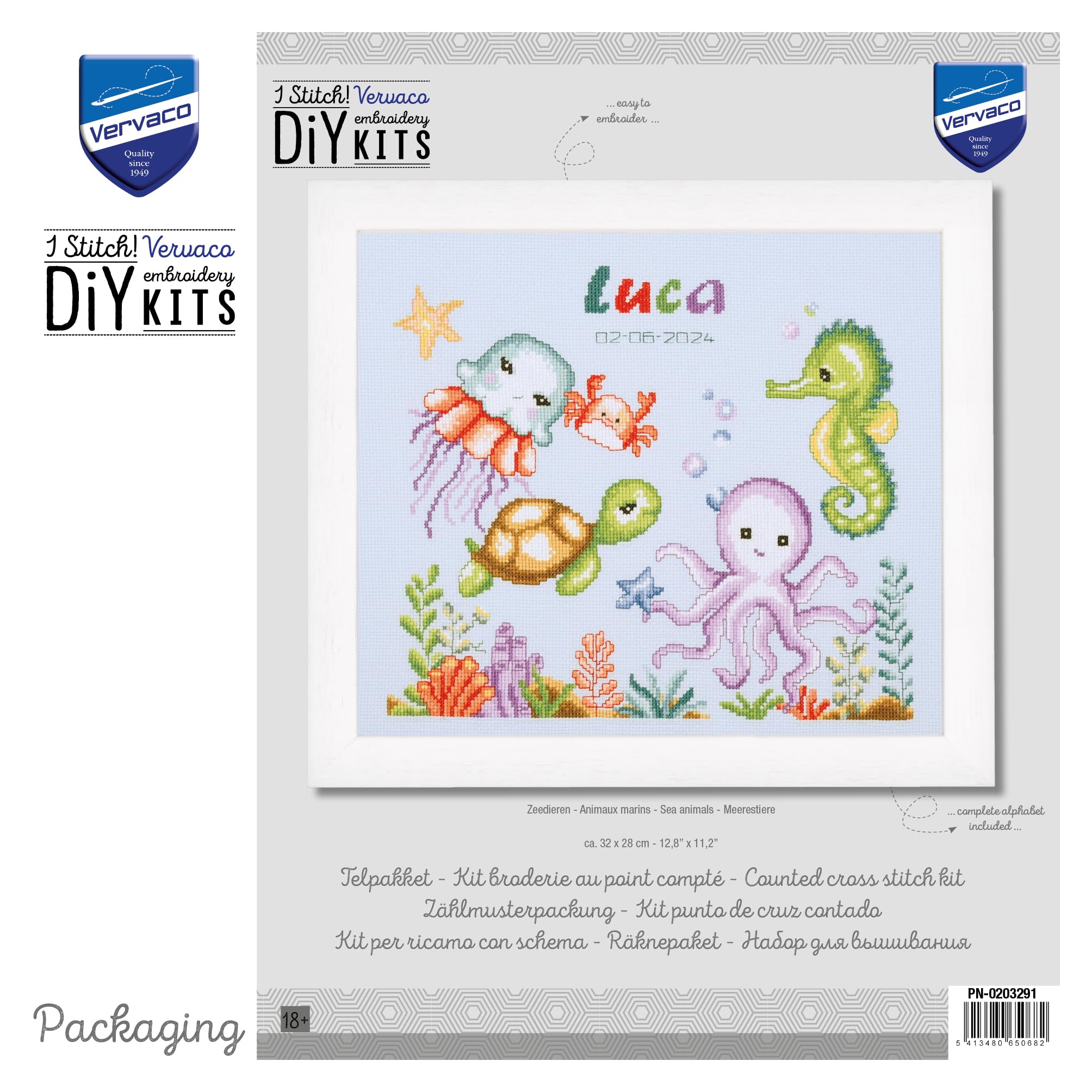 VERVACO Haft Krzyżykowy Liczony Zestaw Metryczka dla Dziecka ZWIERZĘTA MORSKIE Pamiątka Narodzin Zrób to Sam Zestaw Kreatywny dla Dorosłych 32 x 28 cm Dekoracje Ścienne Pokój Dziecka Cross Stitch