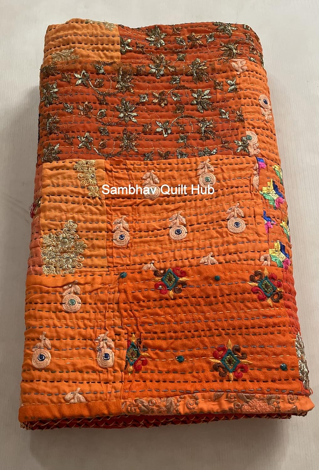 Orange Beautiful Handmade Vintage Silk Sari Jari Patchwork Khambhadiya Kantha Quilting Embroidery Kantha Quilt Reversible Bed Cover Assoted Kantha Quilt Throw Blanket Twin/Queen/King (60X90 inch)