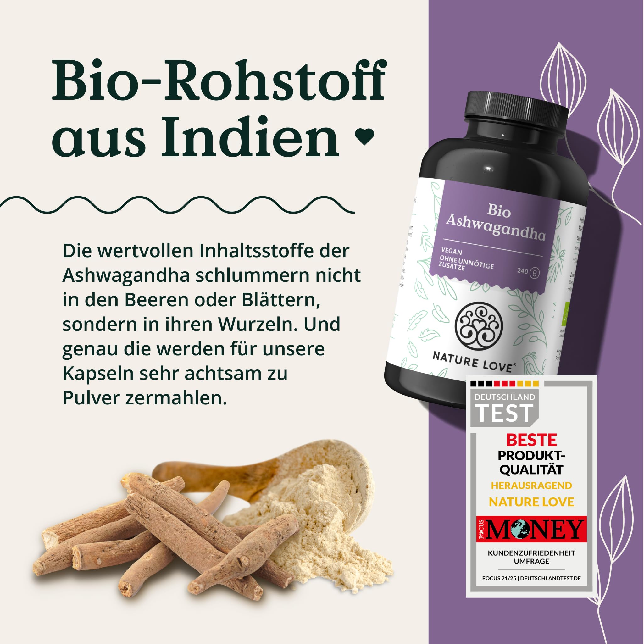 NATURE LOVE® Bio Ashwagandha - 240 Kapseln - Hochdosiert mit 1950mg je Tagesdosis - Hochwertiges indisches Ashwagandha - Laborgeprüft, vegan, in Deutschland produziert