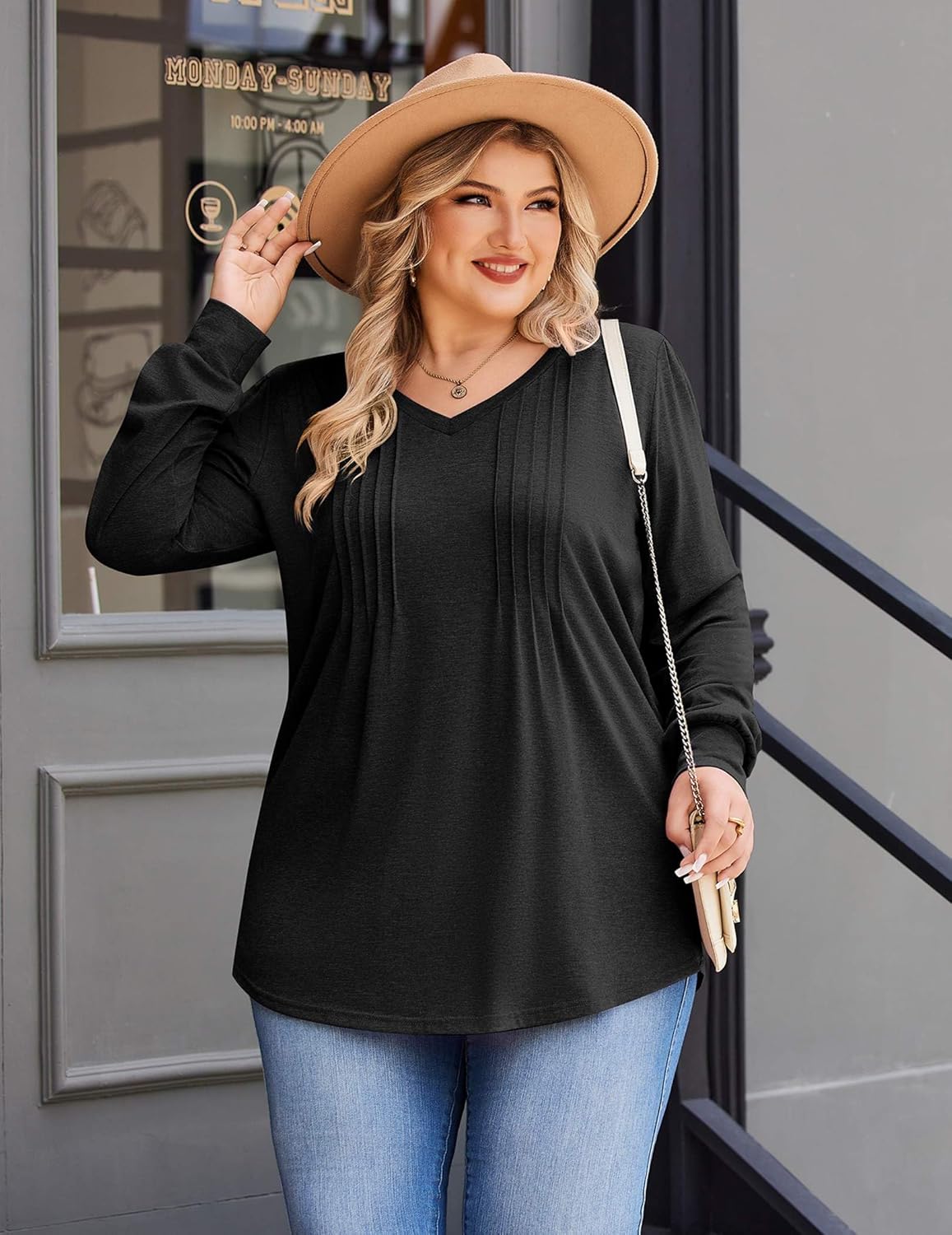 IN'VOLAND Womens Plus Size Shirts Puff Long Sleeve Tops Pleated V Neck Tunics Fall Dressy Casual Loose Blouse - Image 3