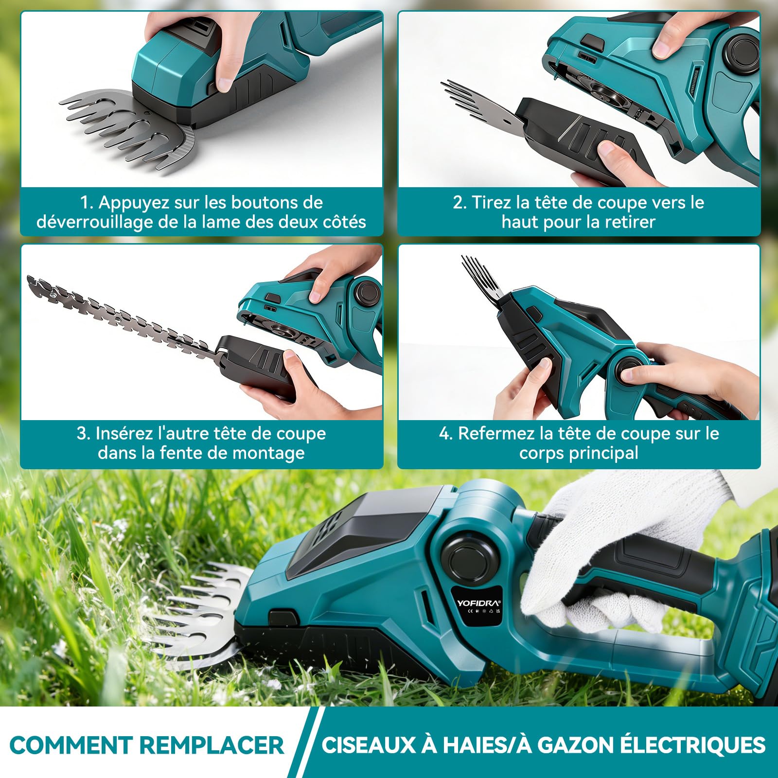 Yofidra Mini Taille haie sans Fil & Cisaille à Gazon, Sécateur de Jardin 2x2,0Ah, Cisaille à Arbustes 2-en-1 avec Moteur Brushless, Taille-haie Électrique Tête Réglable 90° pour Jardin et Haies