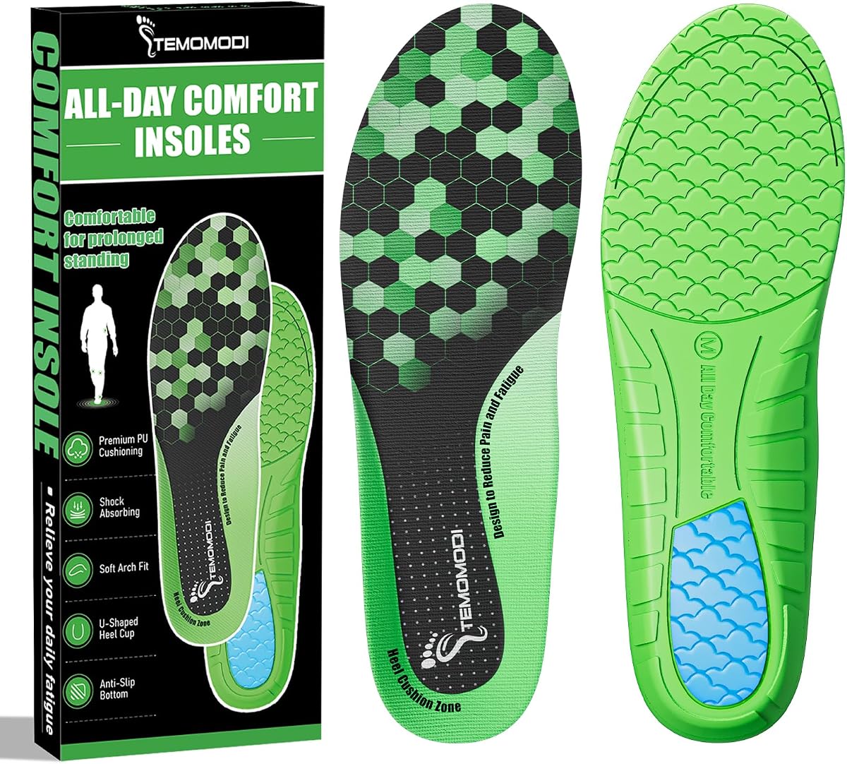 Insoles Men Women, Comfort Shoe Inserts for Work Boots, All-Day Support-L