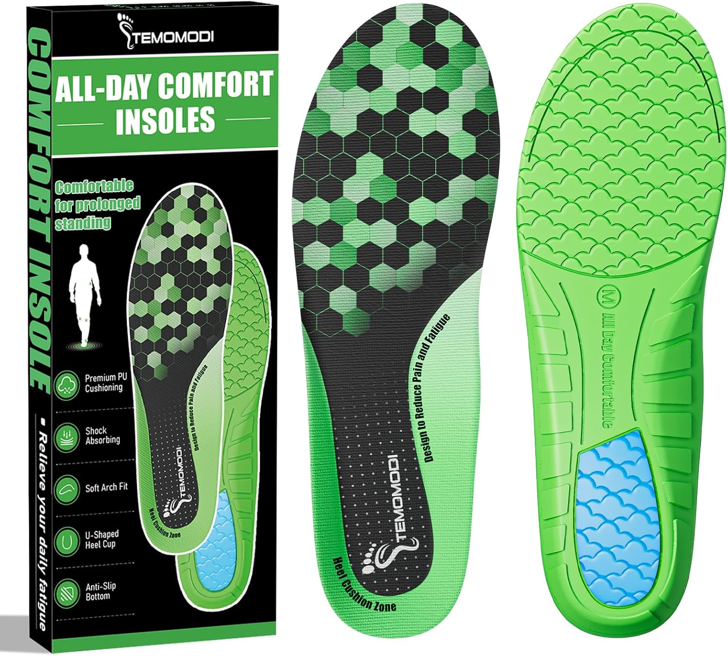 Temomodi Comfort Orthopedic Insoles, Anti-Fatigue Shoe Inserts for Standing All Day, Work Boot Gel Insole with Shock Absorption, Low Arch Cushion Insoles for Men Women-XL