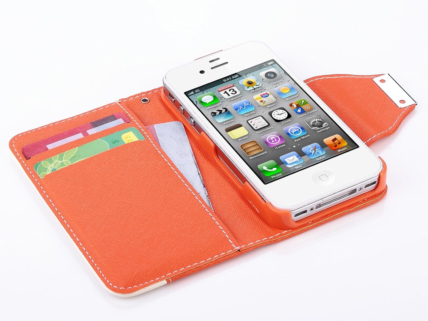 ULAK iPhone 4S Case, iPhone 4 Case, Wallet Case for iPhone 4S iPhone 4 Synthetic Leather Credit Card Holder Flip Magnet Stand Cover (Orange+White)