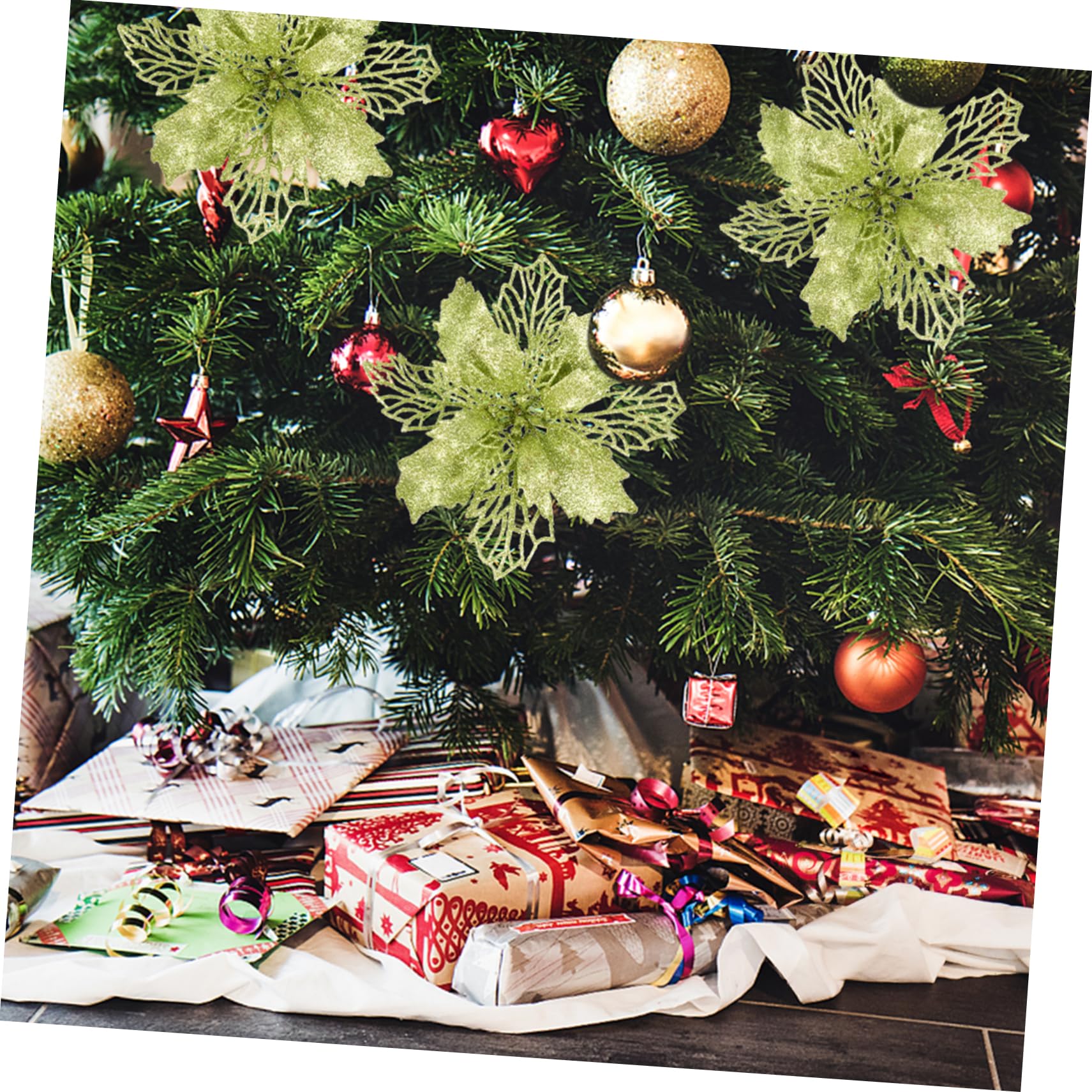 3 Ensembles de 12 pièces de Fleurs Creuses de Noël en Faux Poinsettia Ornements de Couronne de Noël Fournitures de Fleurs artificielles de Noël Guirlande Blanche décor 16c Poudre de Paillettes