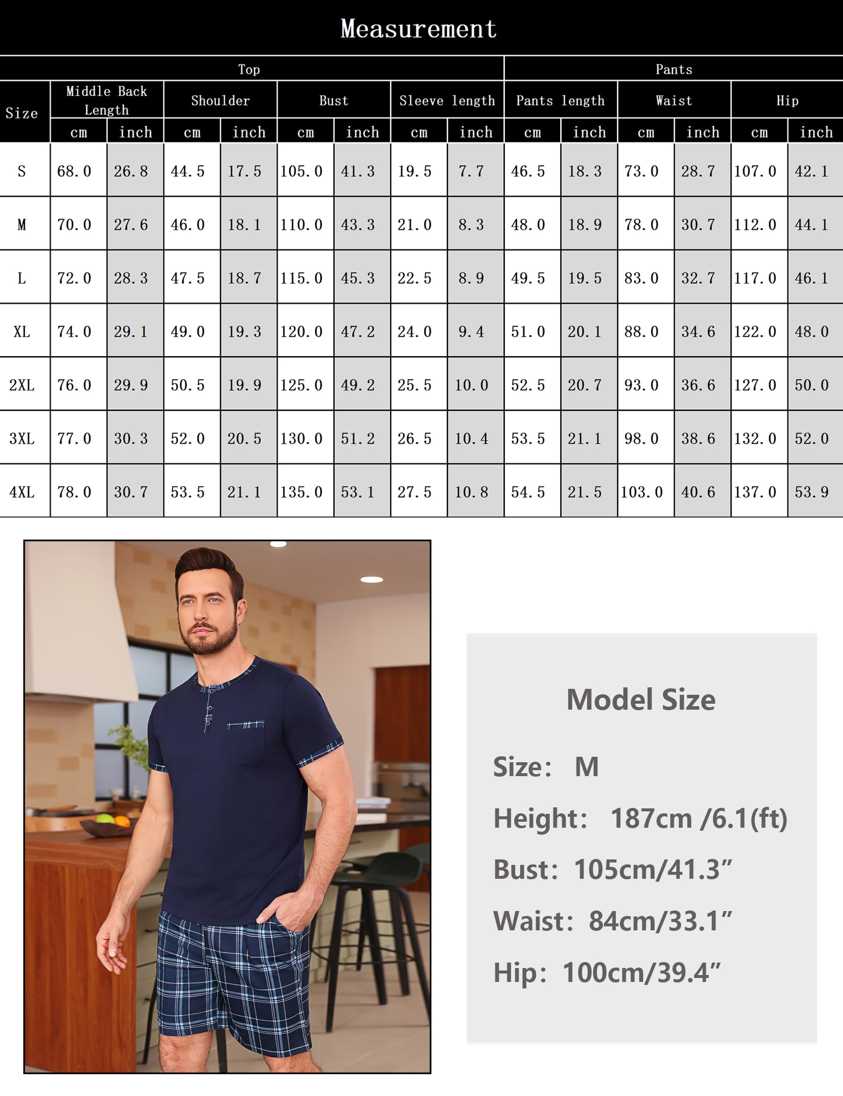 Litherday Pijama Hombre Verano Algodón Conjunto Corto 2 Piezas Camiseta Manga Corta Pantalón de Cuadros Ropa de Dormir Suave y Transpirable para Casa S-3XL
