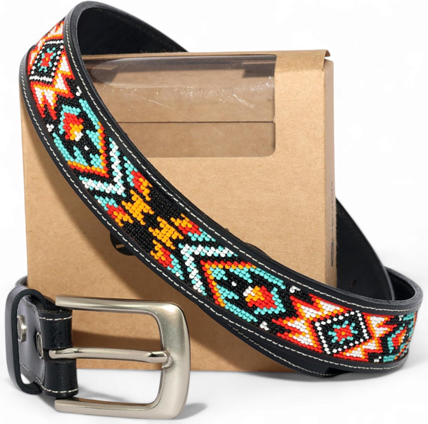 Unisex Genuine Leather Beaded Belt, Removable Buckle Cowboy Gift Belt 1.3" Wide